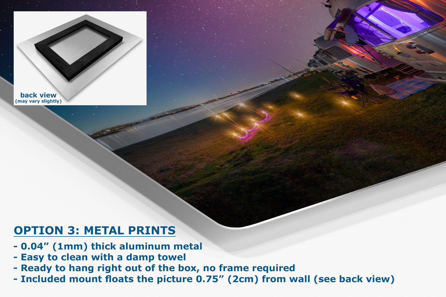 Airstream Travel Trailer Art Night Scene in San Diego, California Campsite Camping Decoration in Canvas, Paper, and Metal Wall Art