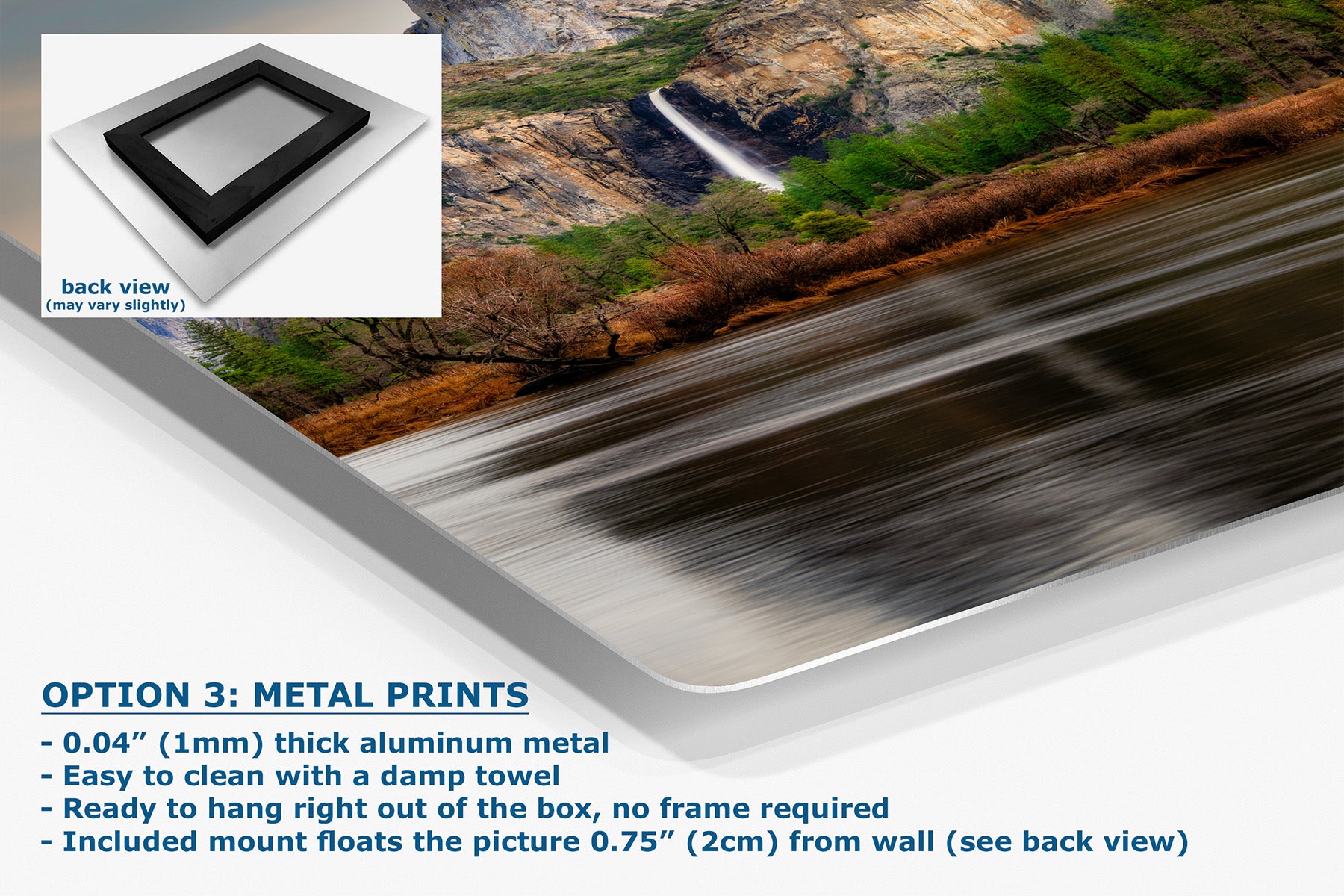 Metal print detail of fine art nature photography featuring Yosemite Valley, Bridalveil Fall, and the Merced River