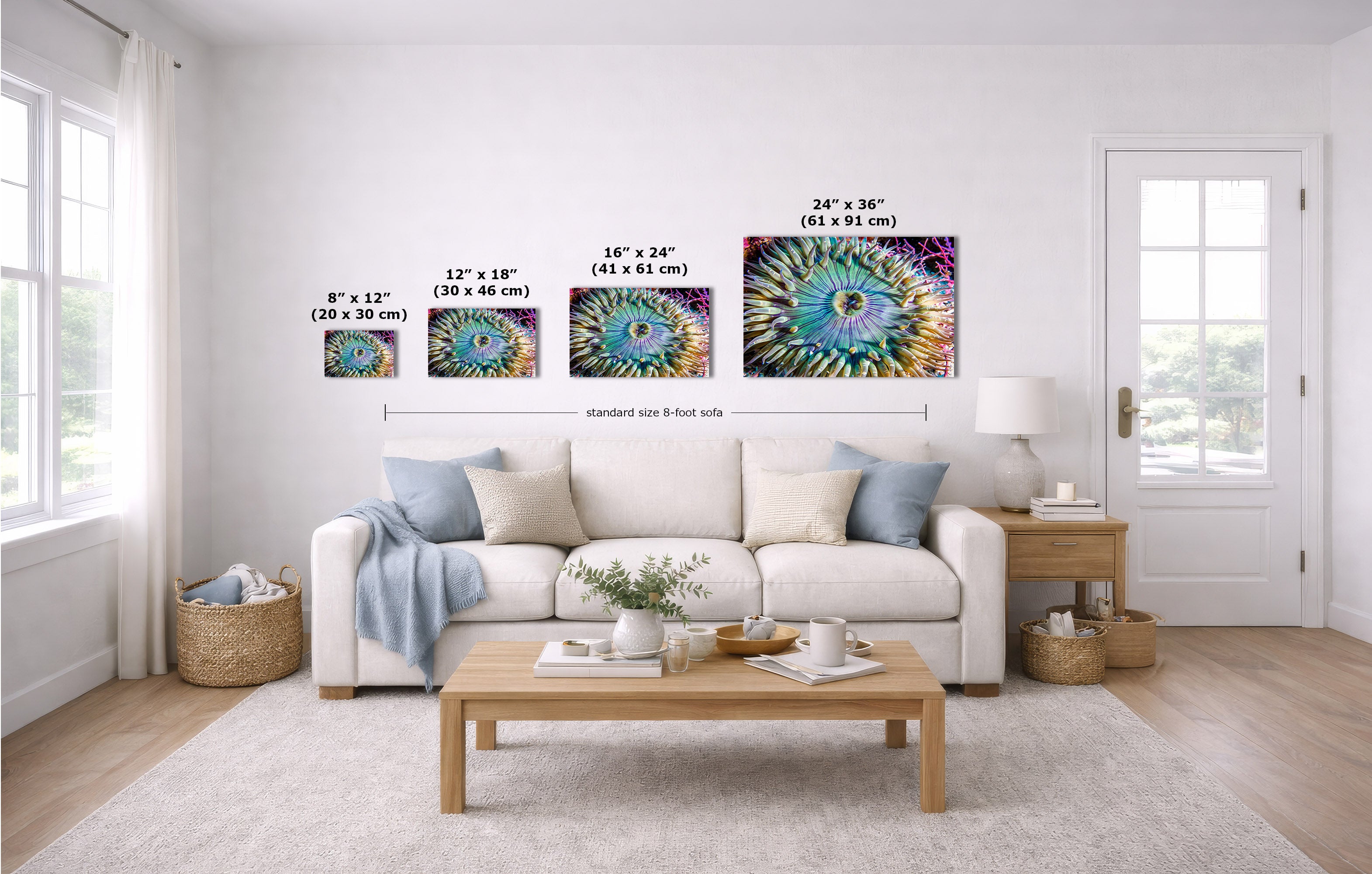 A staged living room shows four colorful circular wall art prints above a white sofa, with size labels and arrows indicating dimensions. Because a real interior environment is present, this is Lifestyle rather than Measurement Chart, even though size information is overlaid.