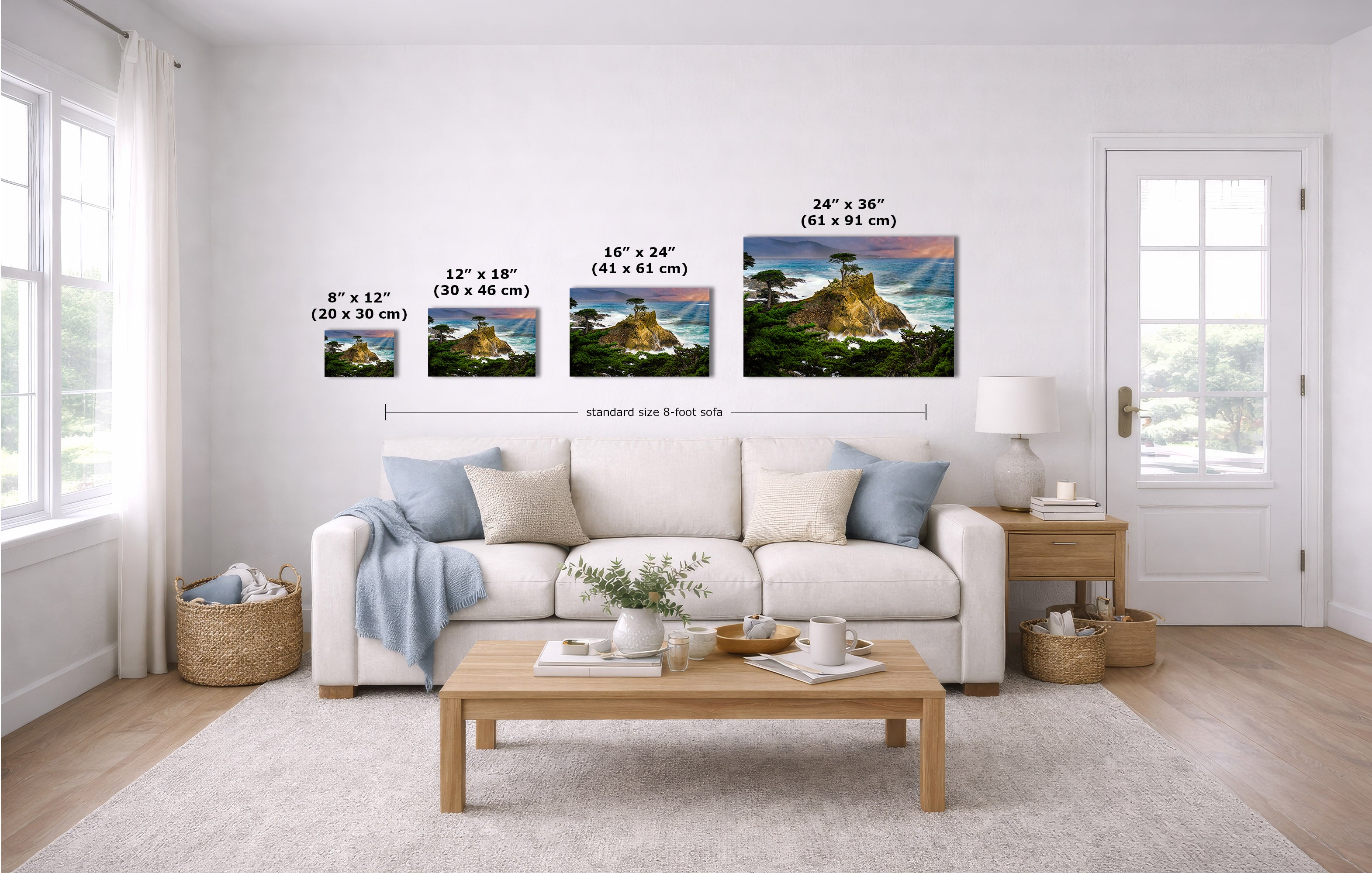 A staged living room shows a set of four wall art prints above a white sofa, with overlaid size labels for each print. Because a real interior environment is clearly present, this is Lifestyle rather than Product/Packaging, even though the prints are the product.