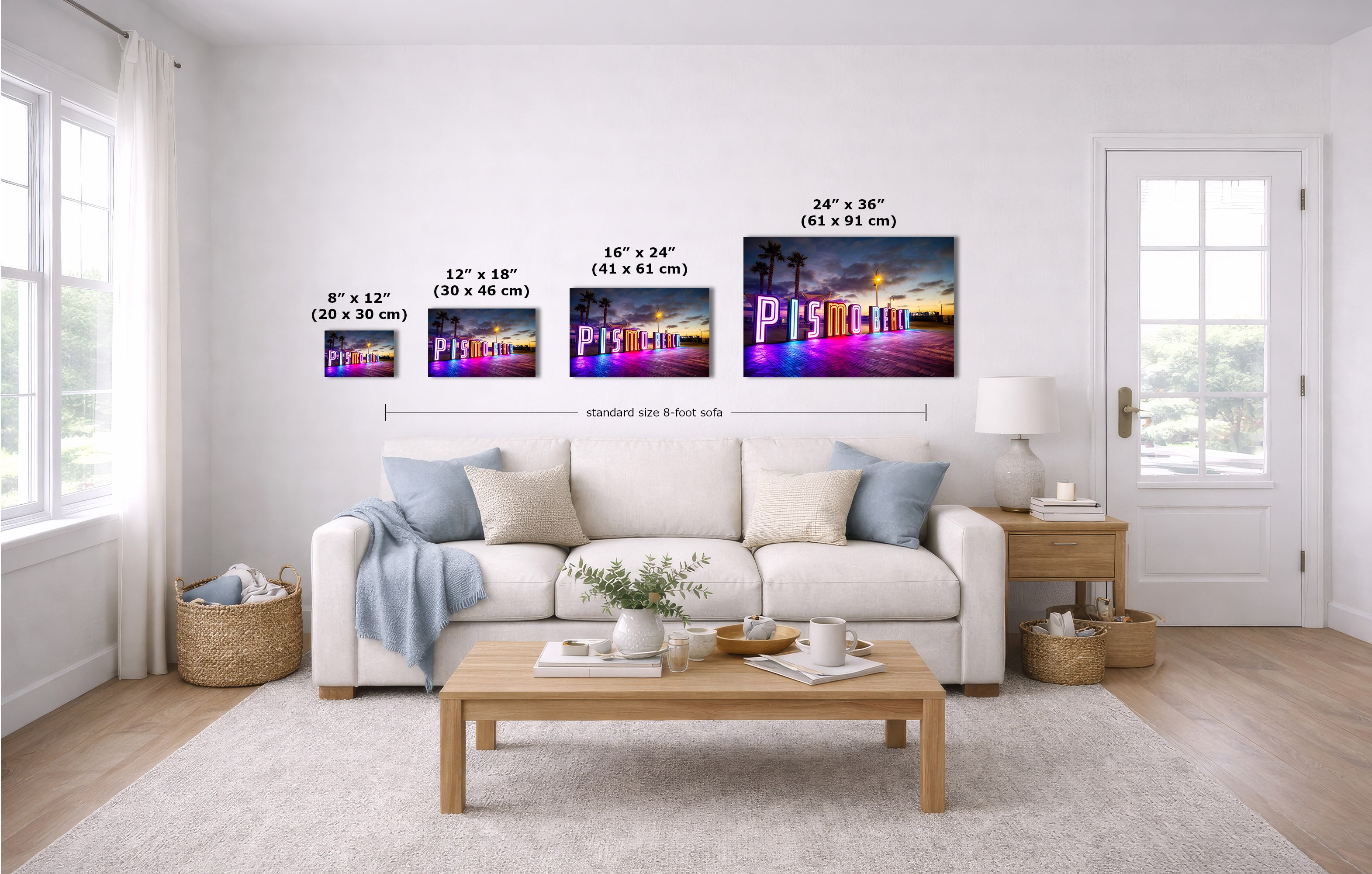 A staged living room shows four wall art prints above a white sofa, with size labels and measurements overlaid for each print. 
