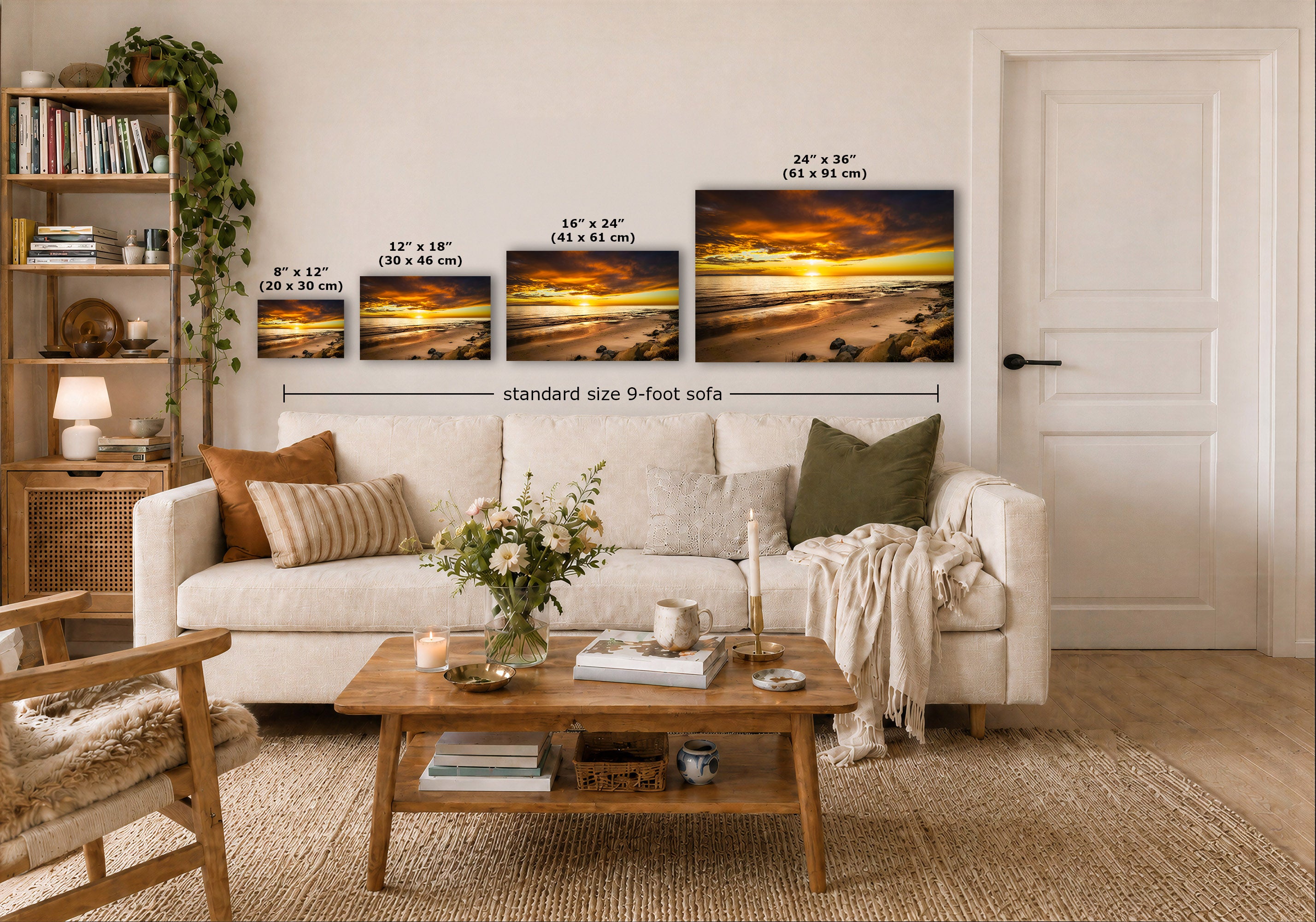 A staged living room shows a white sofa, wooden coffee table, shelving, and a large wall display of four sunset landscape prints with overlaid size labels and a dimension line reading standard size 9-foot sofa.
