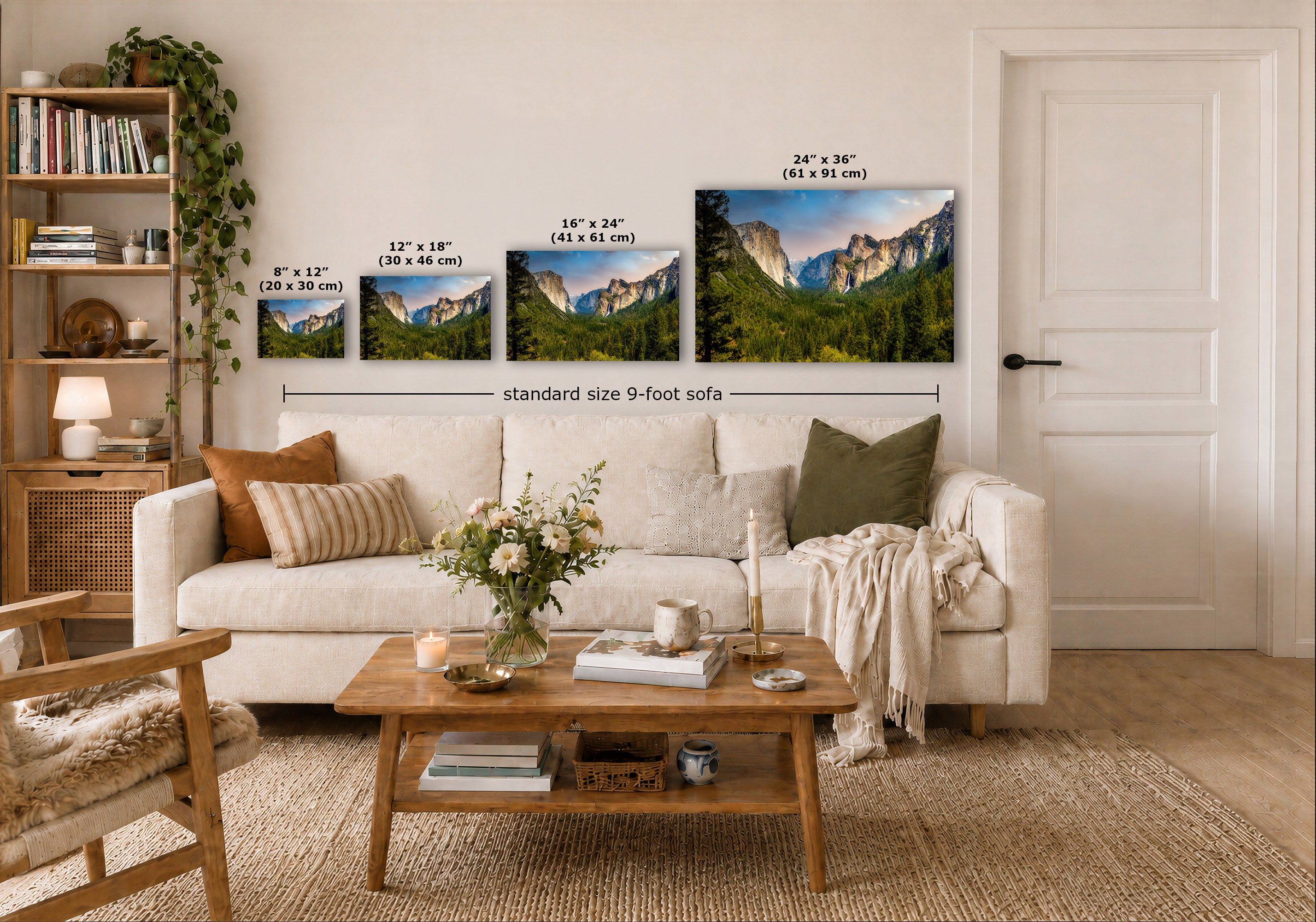 A staged living room shows a white sofa with mountain landscape wall art above it. The image includes size callouts and text indicating the sofa is standard size 9-foot, with the four print sizes above it labeled 8x12, 12 x 18, 16 x 24, and 24 x 36.