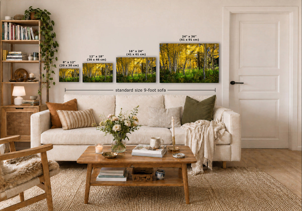 A staged living room shows a white sofa, wooden coffee table, shelving, and a wall-mounted set of four forest art prints with overlaid size labels and a dimension line reading standard size 9-foot sofa.