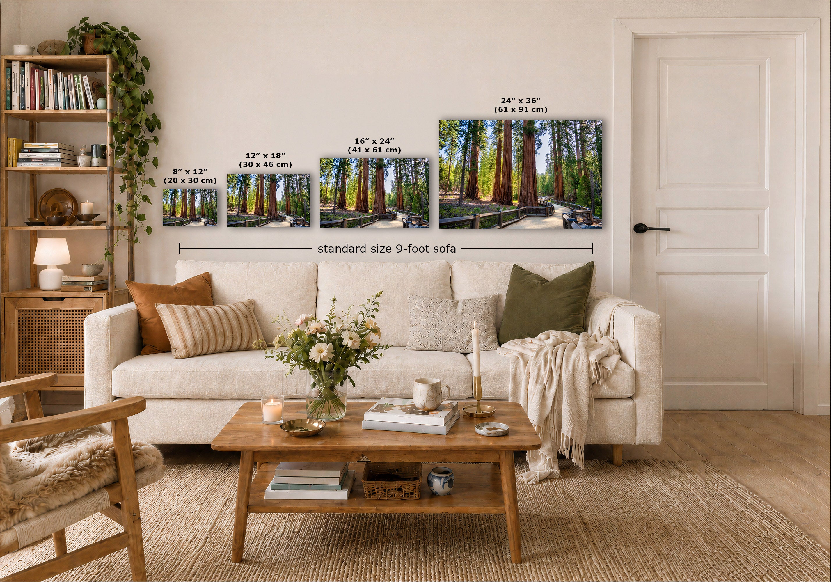 A styled living room showing three Giant Sequoia Grove wall art prints above a white sofa, with overlaid size labels for the prints and a dimension line reading standard size 9-foot sofa.