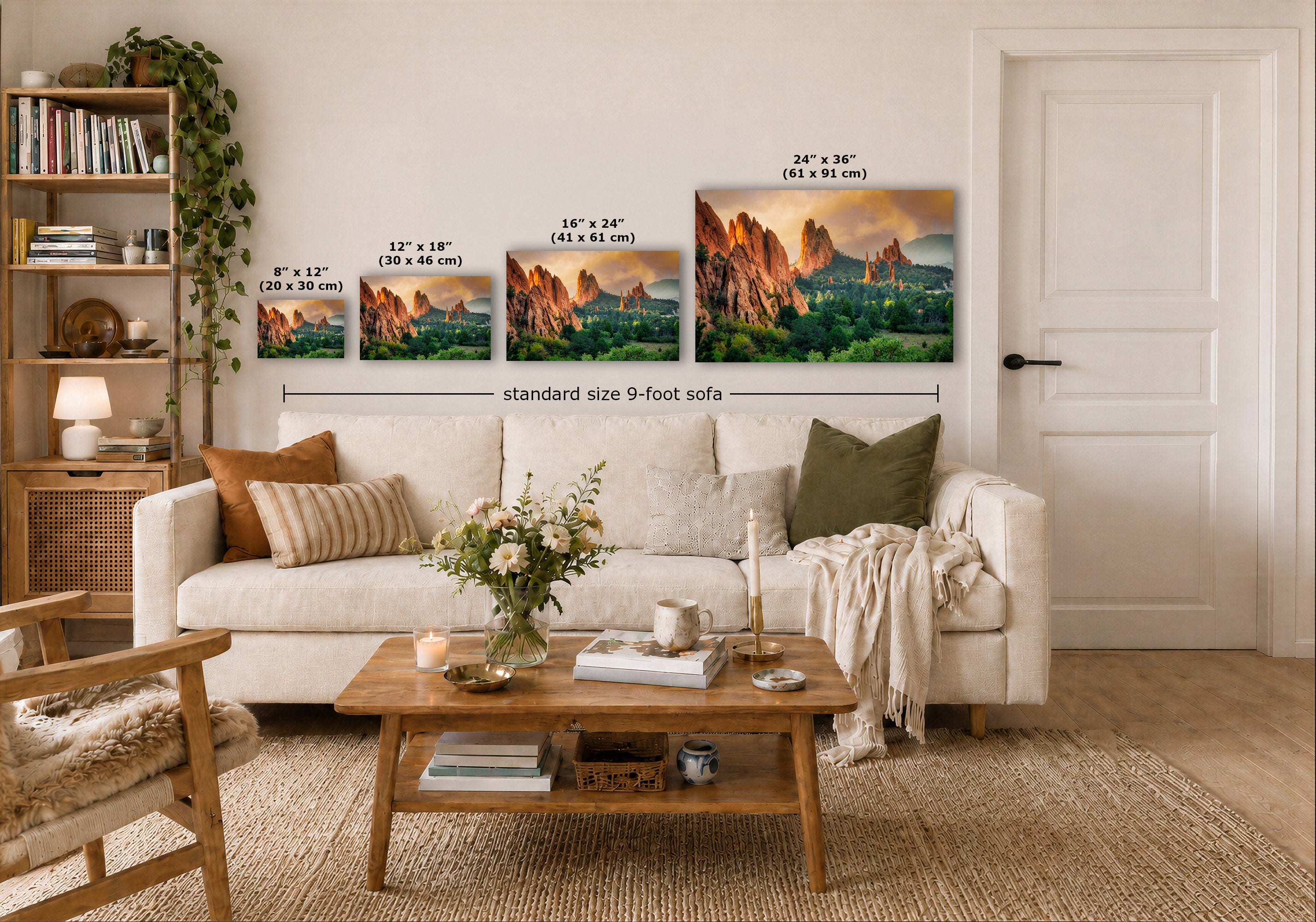 A staged living room shows a white sofa, wooden coffee table, shelving, and a large wall display of four framed landscape prints with printed size labels and a 'standard size 9-foot sofa' measurement callout.