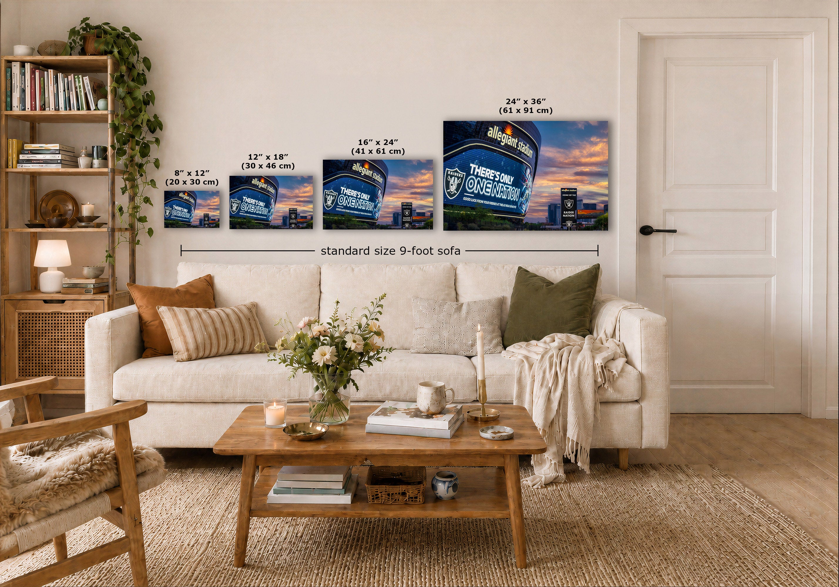A styled living room showing four wall art prints, labeled with different sizes (8x12, 12x18, 16x24, 24x36) and a dimension line indicating a 9-foot sofa width. The room includes a white sofa, wooden coffee table, and a bookshelf.