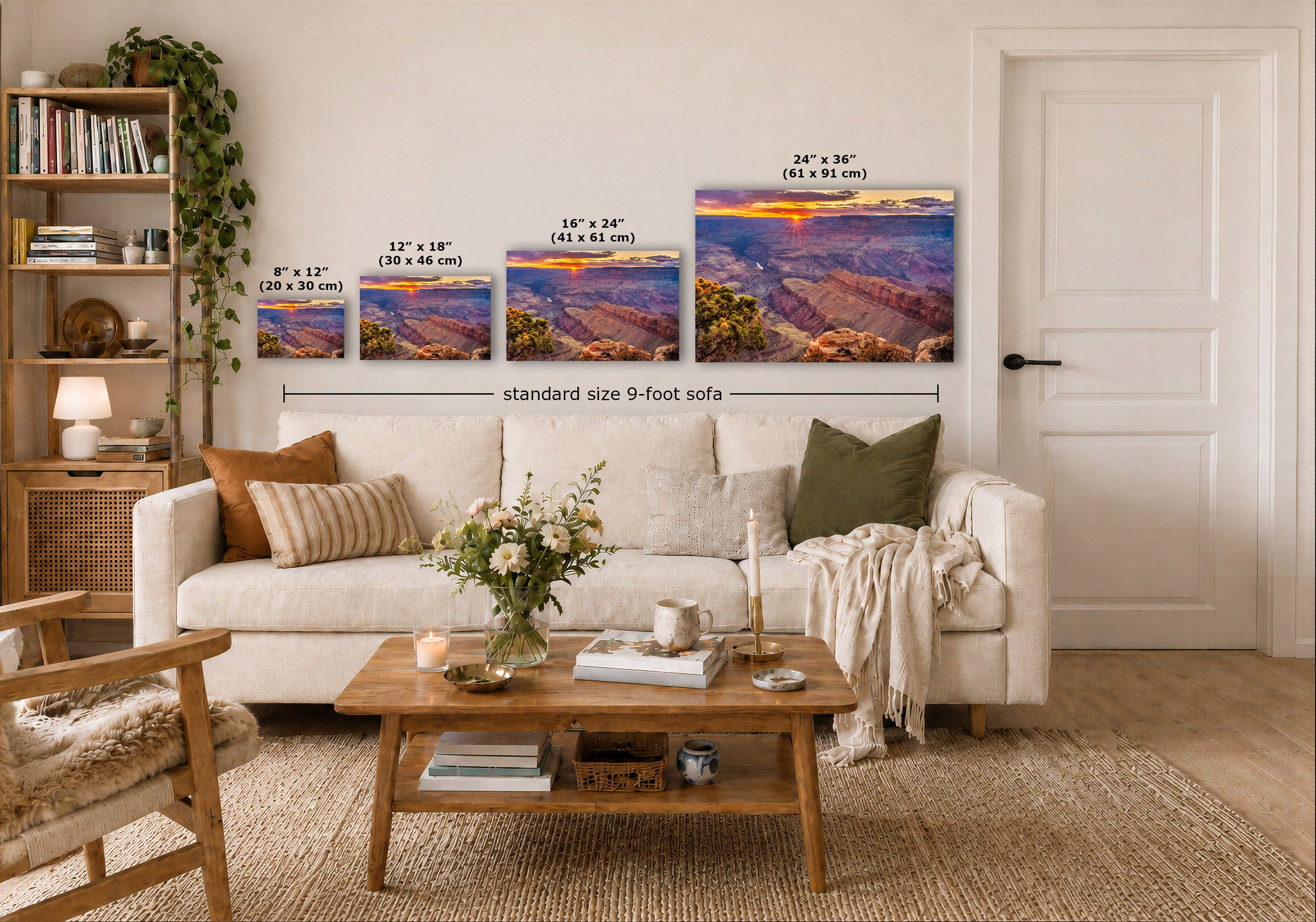 A staged living room shows three wall art prints above a white sofa, each with size text labels overlaid. The prints depict a scenic canyon landscape with layered purple, blue, orange, and brown rock formations under a warm sky.