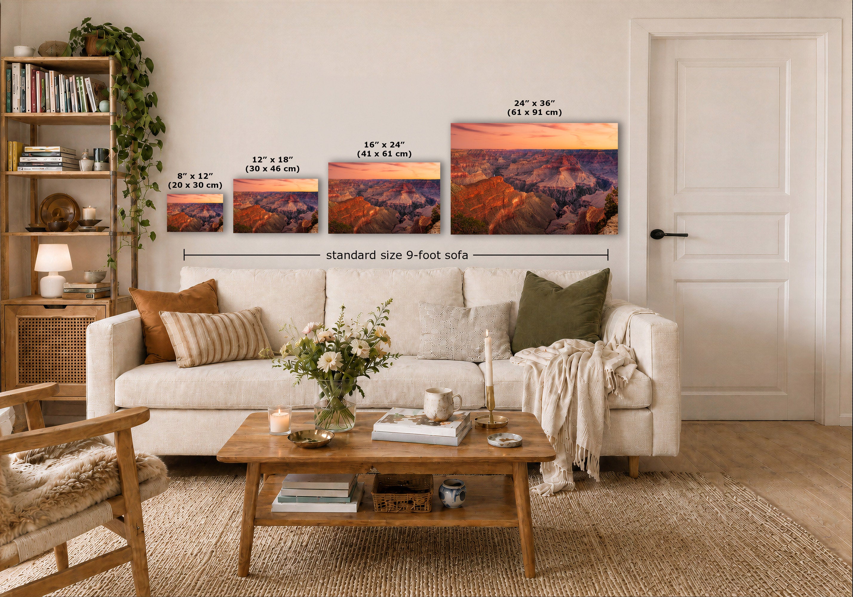 A staged living room shows a set of four landscape wall art prints above a sofa, with size labels overlaid on each print and a dimension line reading 'standard size 9-foot sofa.'