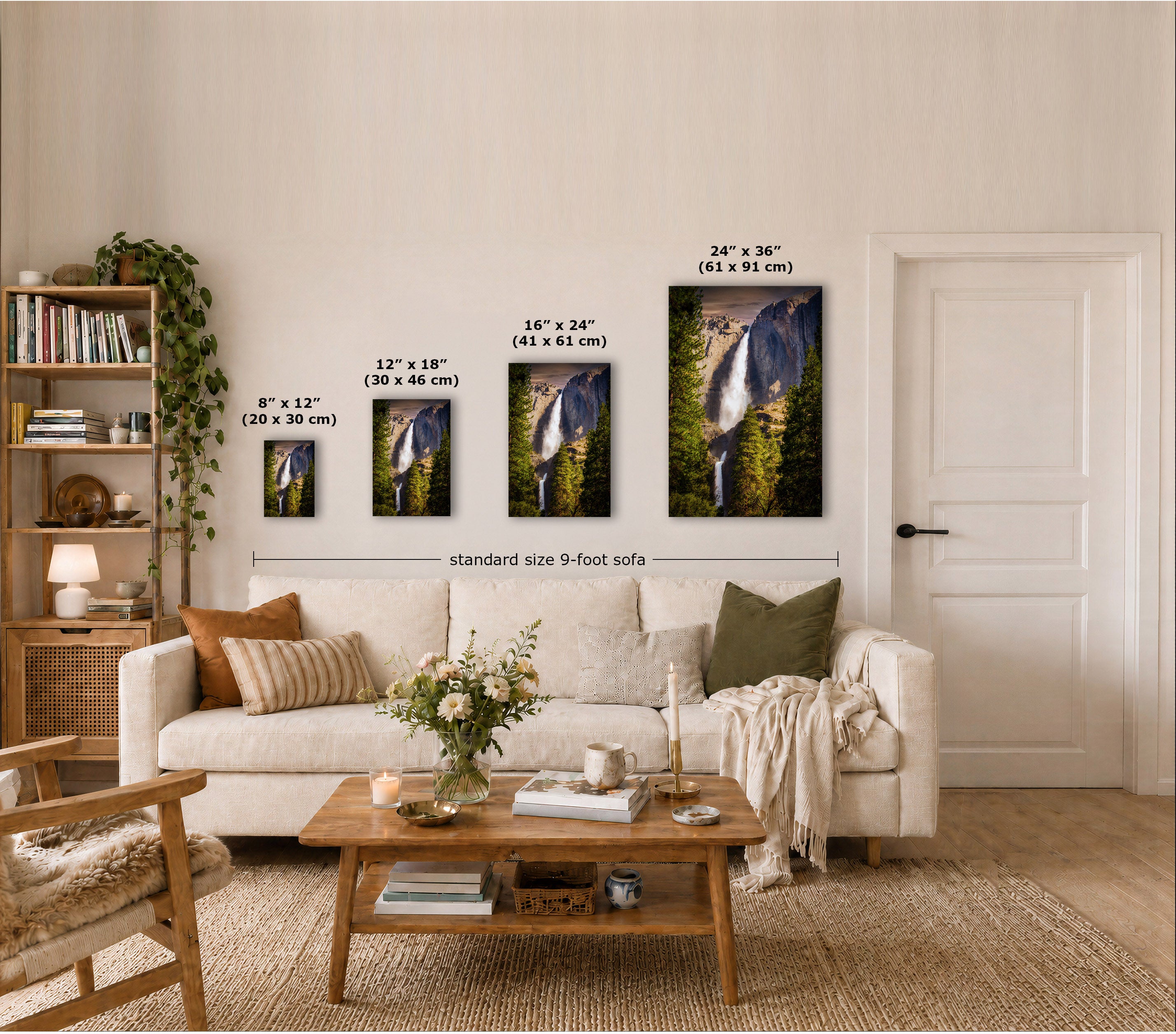 A styled living room showing four vertical wall art prints of a waterfall in different sizes above a sofa, with overlaid dimension labels for each print and a note reading 'standard size 9-foot sofa'.