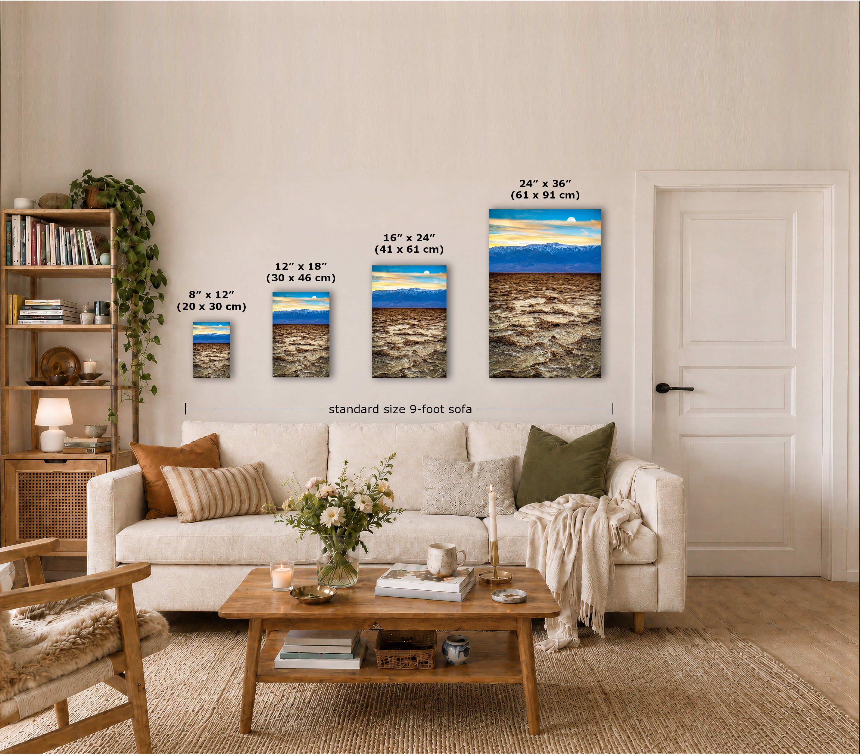 A staged living room shows four framed wall art prints of a beach scene in different sizes above a sofa, with overlaid dimension labels for each print and a line reading 'standard size 9-foot sofa.' Because the image is primarily communicating the size/fit of the wall art in a real interior setting, this fits Measurement Chart rather than Lifestyle or Product/Packaging.