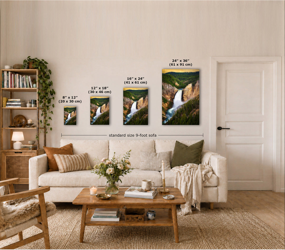 A staged living room shows four framed wall art prints above a sofa, each with overlaid dimensions. The prints depict waterfall landscapes in green, blue, gold, and brown tones.