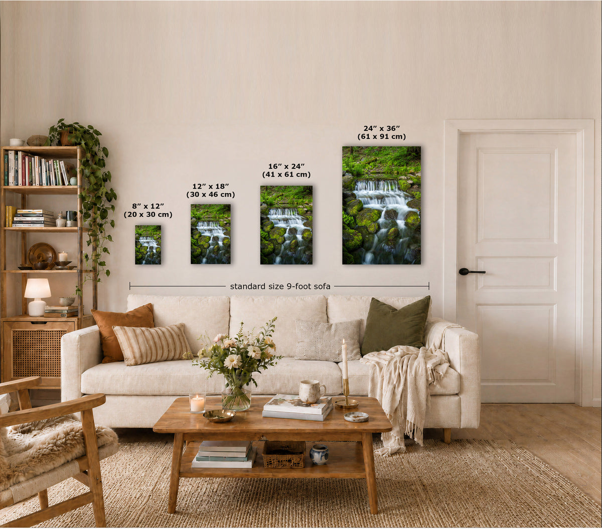A staged living room shows four mossy waterfall wall art prints in different sizes above a sofa. The image includes overlaid dimensions for each print and a line indicating a standard 9-foot sofa.