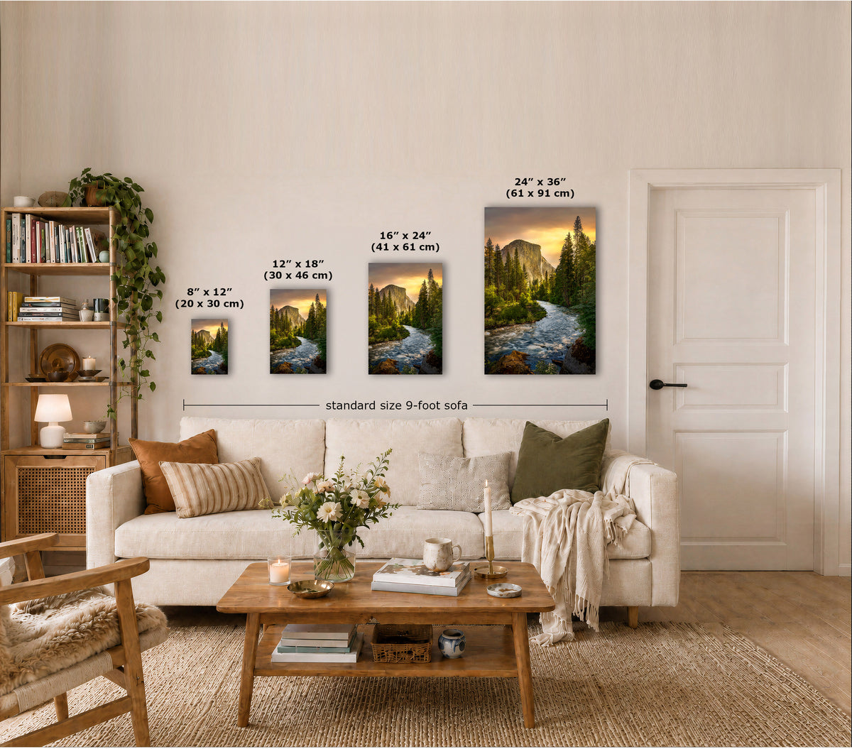 A staged living room shows a set of four vertical wall art prints with mountain river landscapes, each labeled with different sizes and a dimension line across the set. The room includes a sofa, coffee table, bookshelf, and decor.