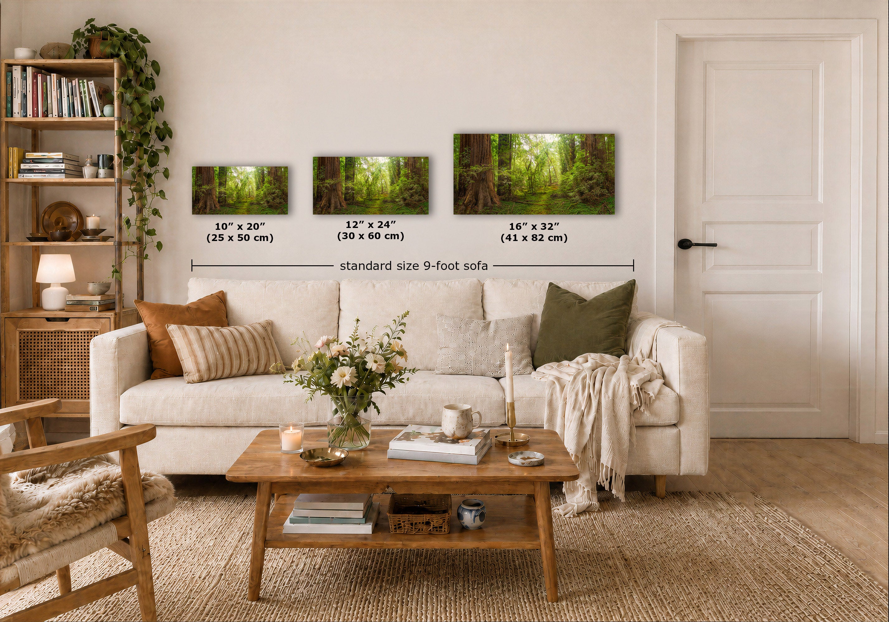 Three framed forest landscape prints are displayed above a white sofa in a styled living room. Black measurement lines and text indicate the dimensions of each print and a standard 9-foot sofa width.