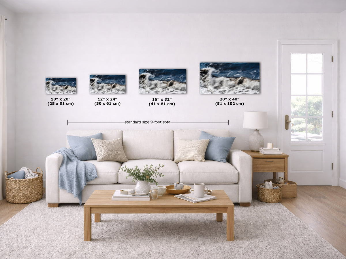 A staged living room shows four framed ocean-wave wall art prints above a white sofa, with size labels and a 9-foot sofa reference. 