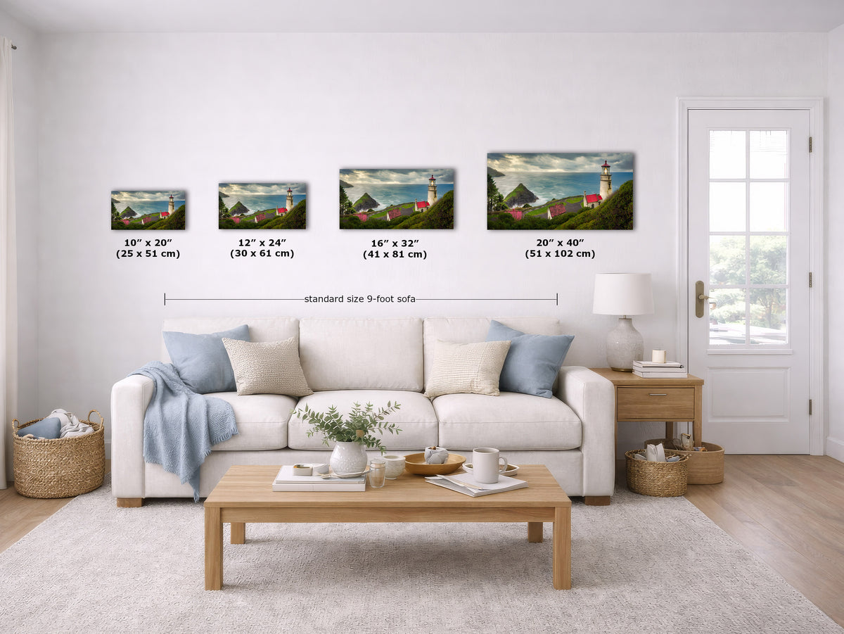 A staged living room shows four framed wall art prints above a white sofa, each with size labels underneath. The prints depict coastal lighthouse scenes in different landscape compositions.