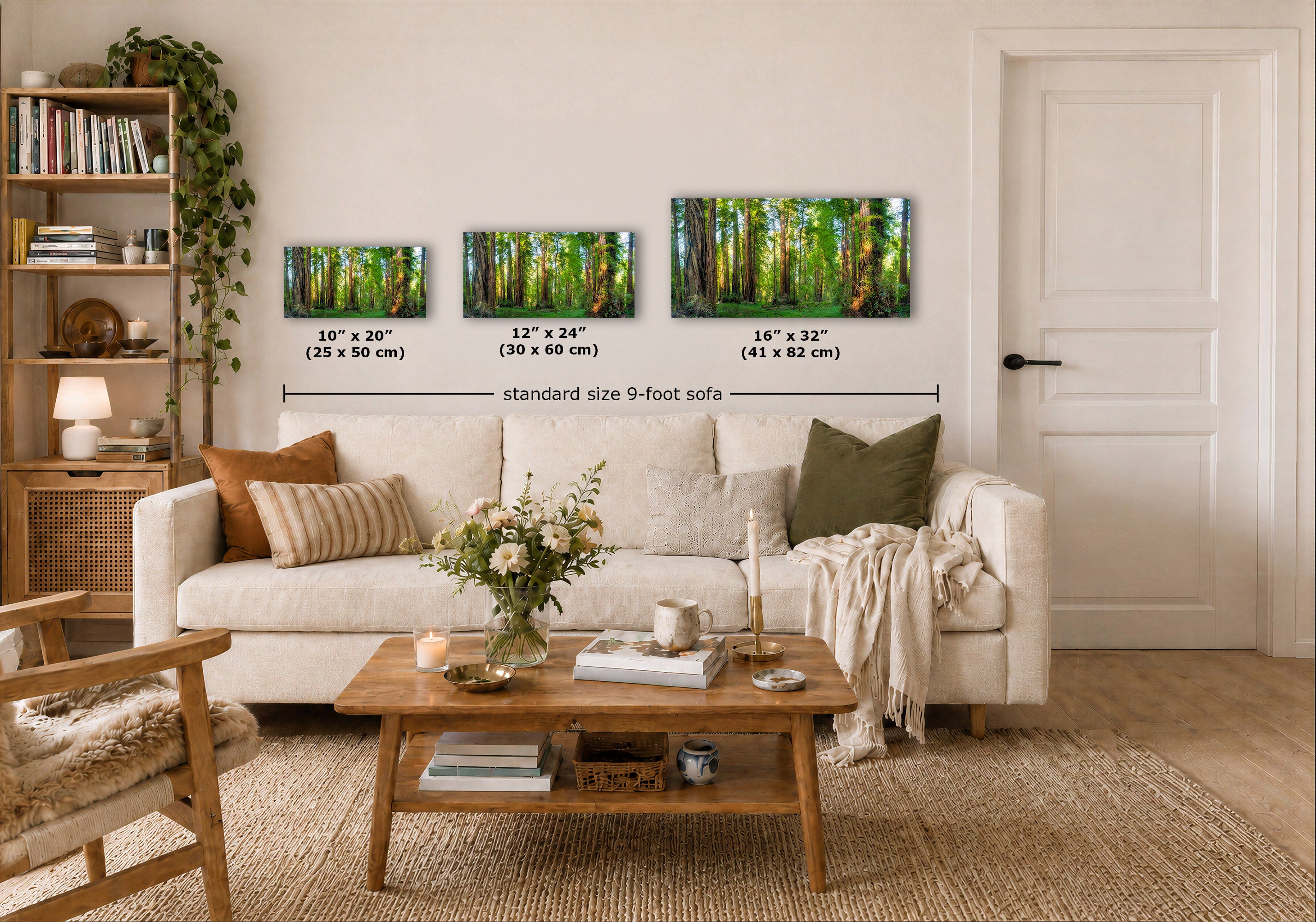 Three sunlit redwood grove artwork prints displayed on a beige wall above a white sofa in a styled living room. Black dimension lines and text indicate the width of each print and a standard 9-foot sofa width.