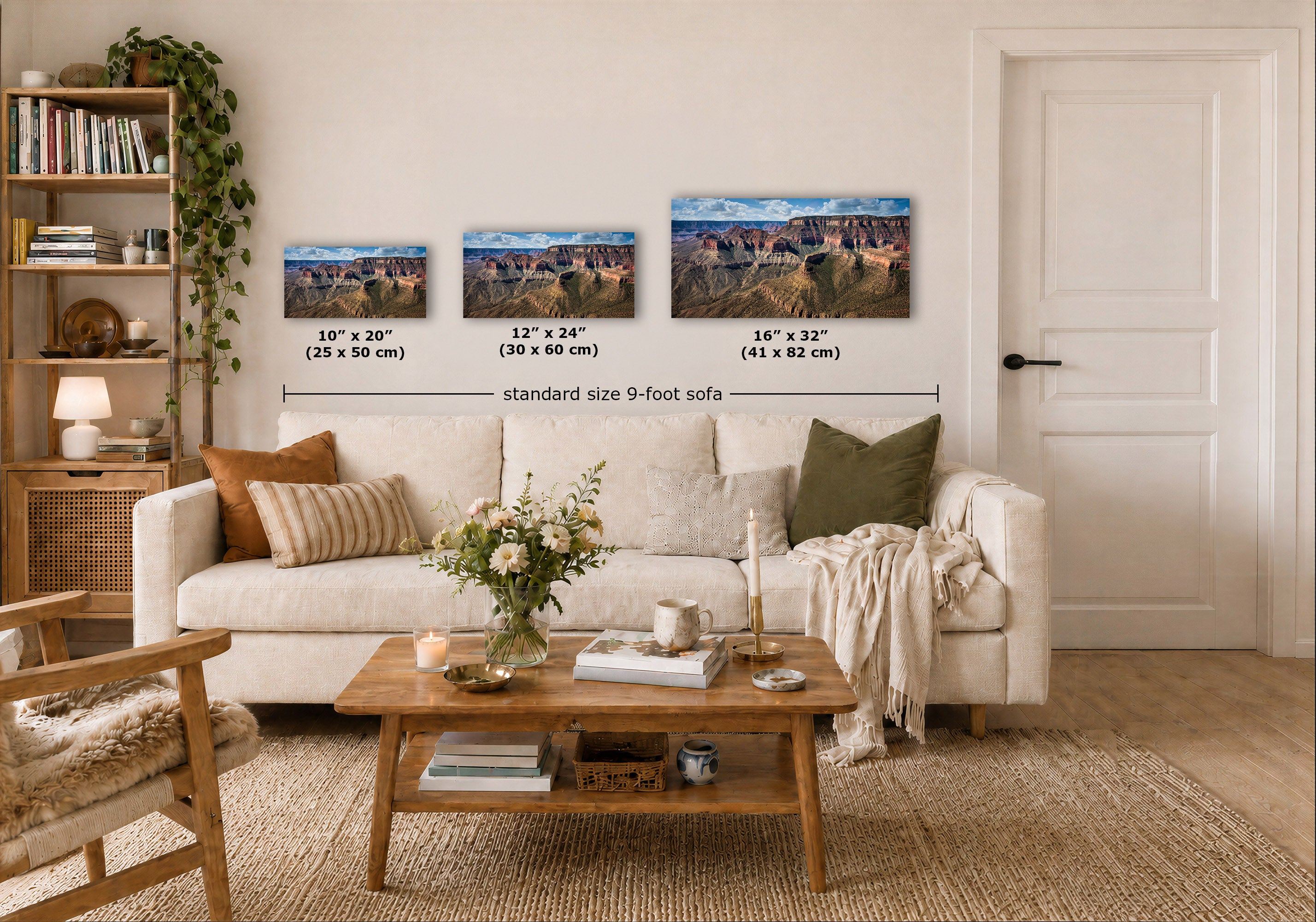 Three framed landscape art prints displayed above a white sofa in a styled living room, with size labels indicating 10 x 20, 12 x 24, and 16 x 32 inches and a note for standard-size 9-foot sofas.