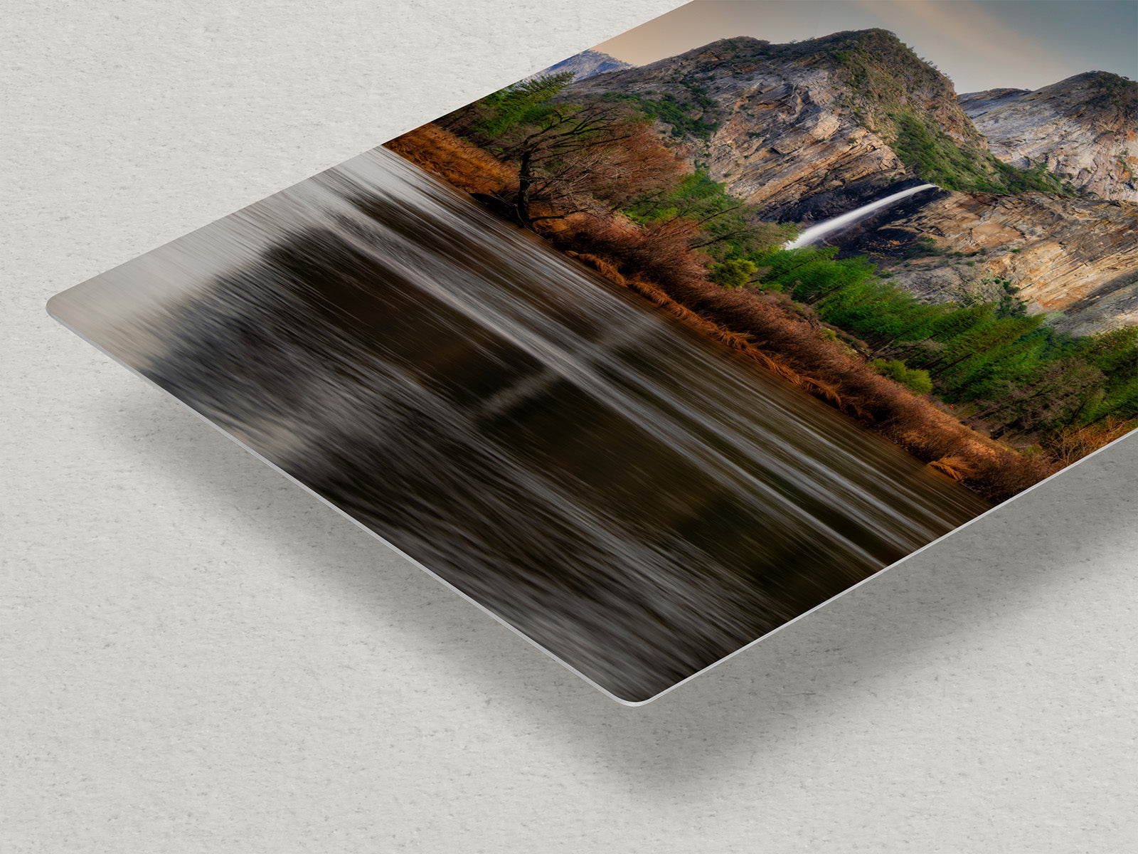 Aluminum metal print of fine art nature photography showing Yosemite Valley's Bridalveil Fall and reflective Merced River