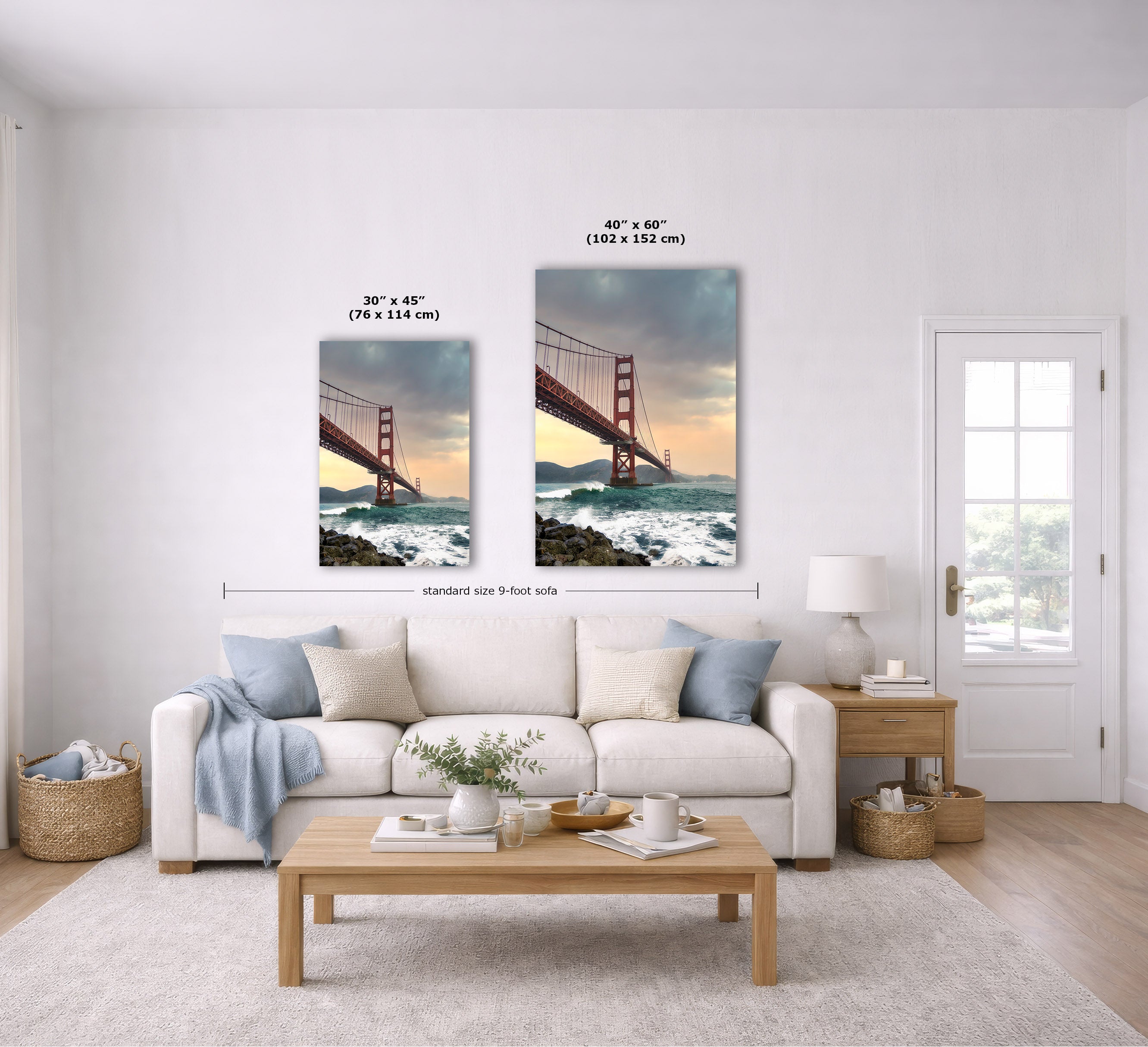 A staged living room shows two vertical wall art prints of the Golden Gate Bridge above a white sofa. The image includes size callouts for the prints: 30 x 45 inches (78 x 114 cm) and 40 x 60 inches (102 x 152 cm), plus a note about standard size 9-foot frames.