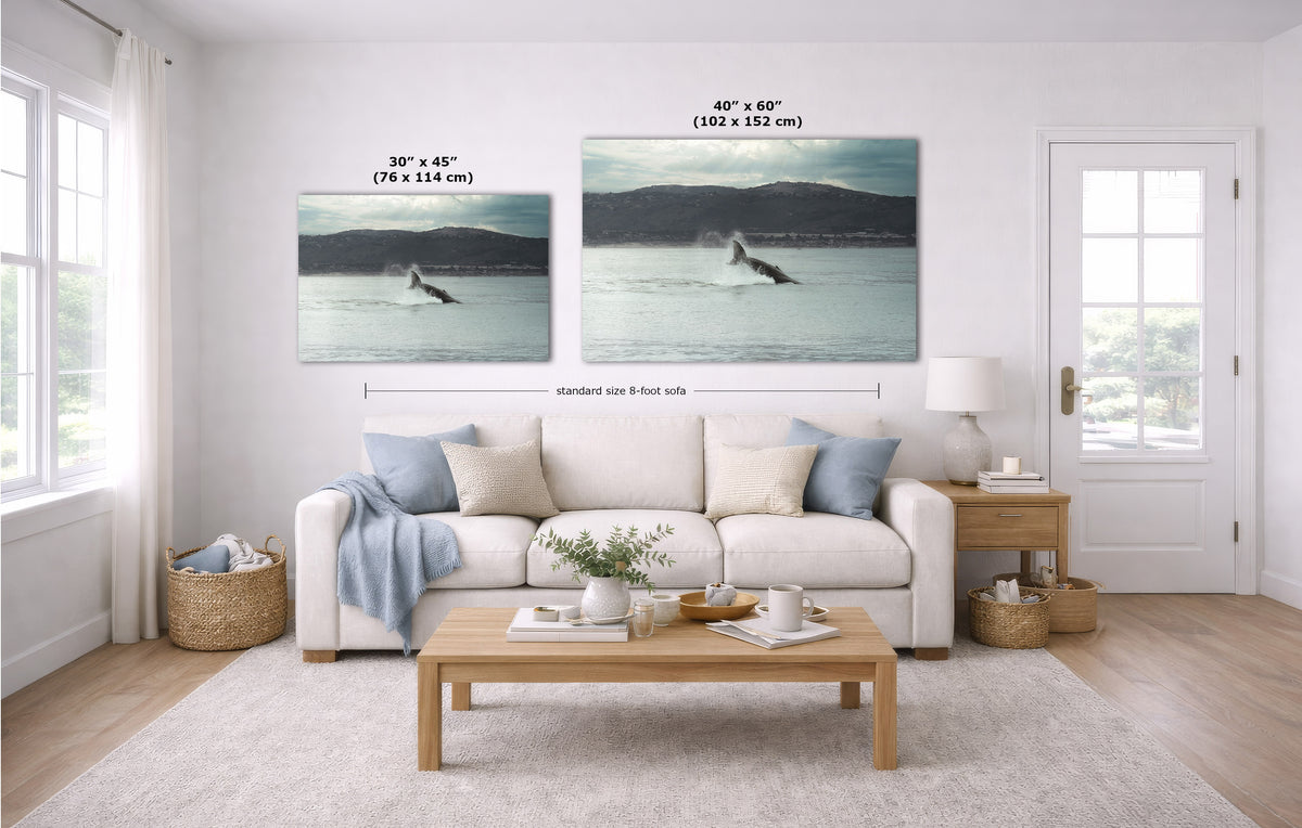 A staged living room shows two whale wall art prints above a white sofa, with size callouts reading 30 x 45 inches and 40 x 60 inches. The room includes a light wood coffee table, beige rug, side table, lamp, and white door.