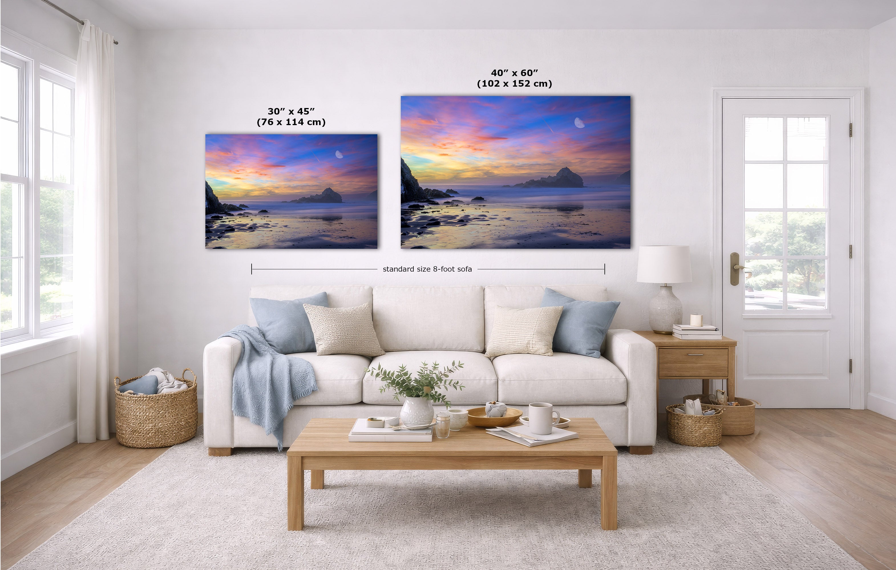 A staged living room with a white sofa, coffee table, and wall art showing two landscape sunset prints with size callouts: 30 x 45 in and 40 x 60 in.