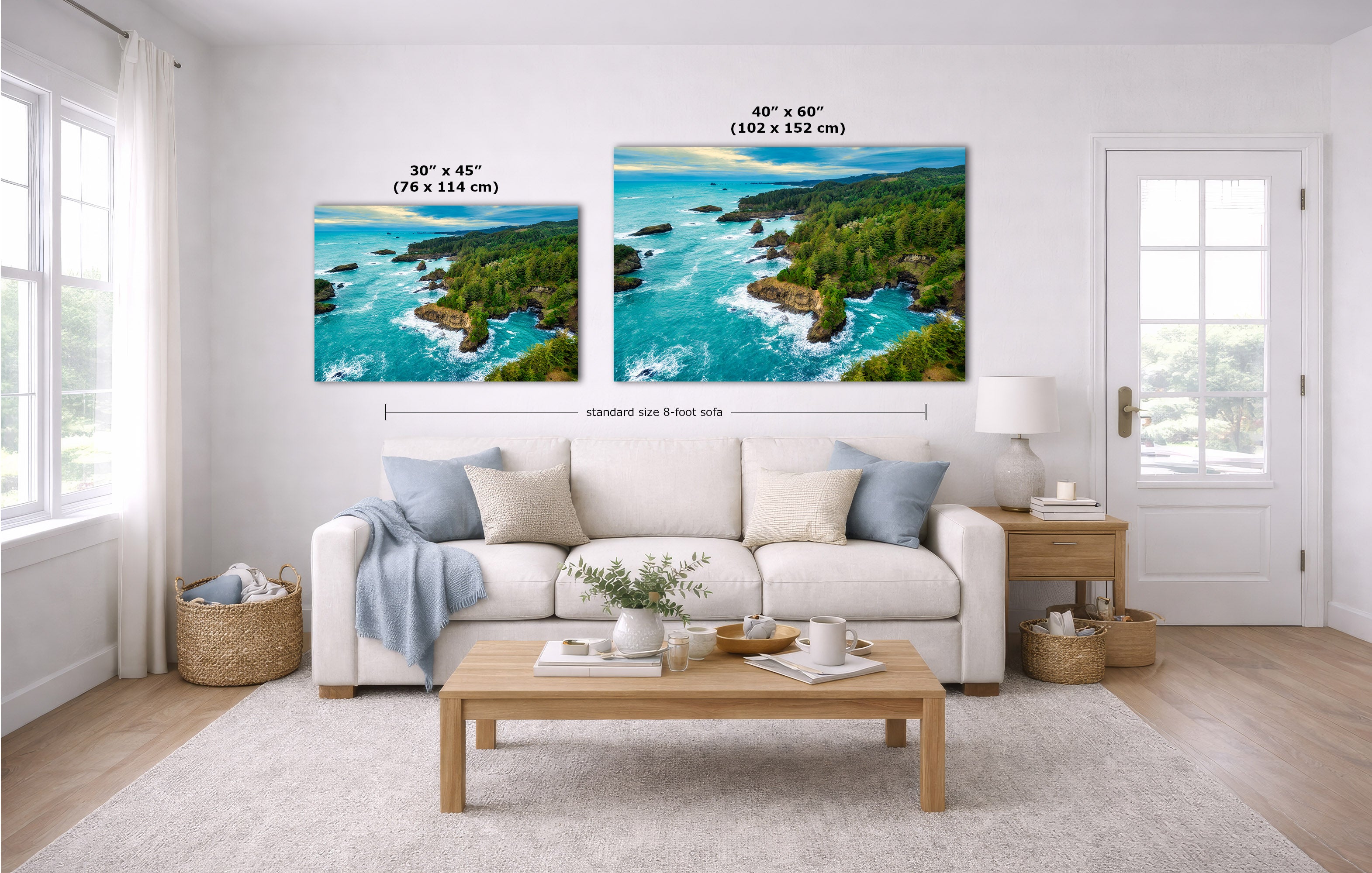 A staged living room shows two coastal landscape wall art prints above a white sofa. The left print is labeled 30 x 45 inches, and the right print is labeled 40 x 60 inches.