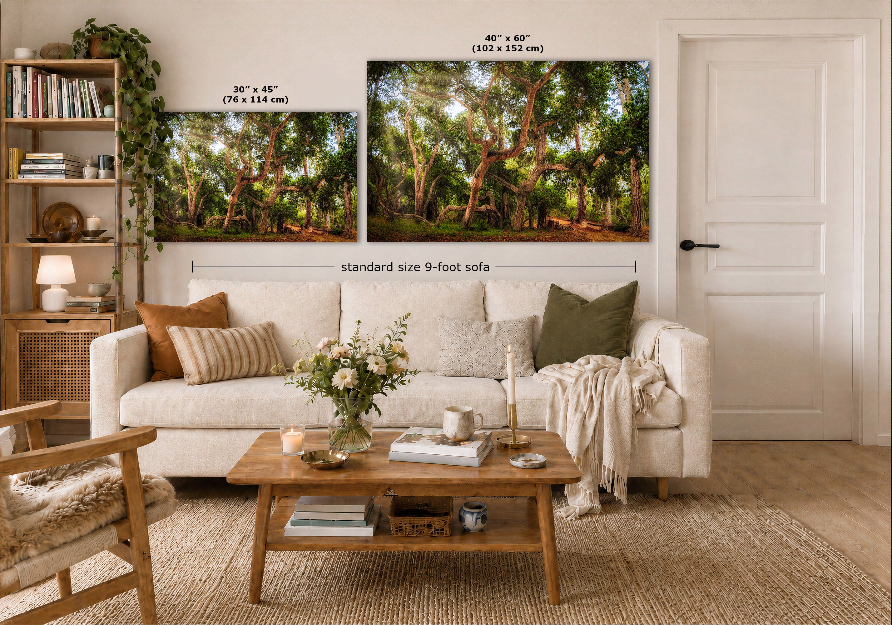 Two wall art prints showing a forest grove scene are displayed above a white sofa in a styled living room. The left print is labeled 30 x 45 inches, and the larger right print is labeled 40 x 60 inches, with a note for a standard size 9-foot sofa.