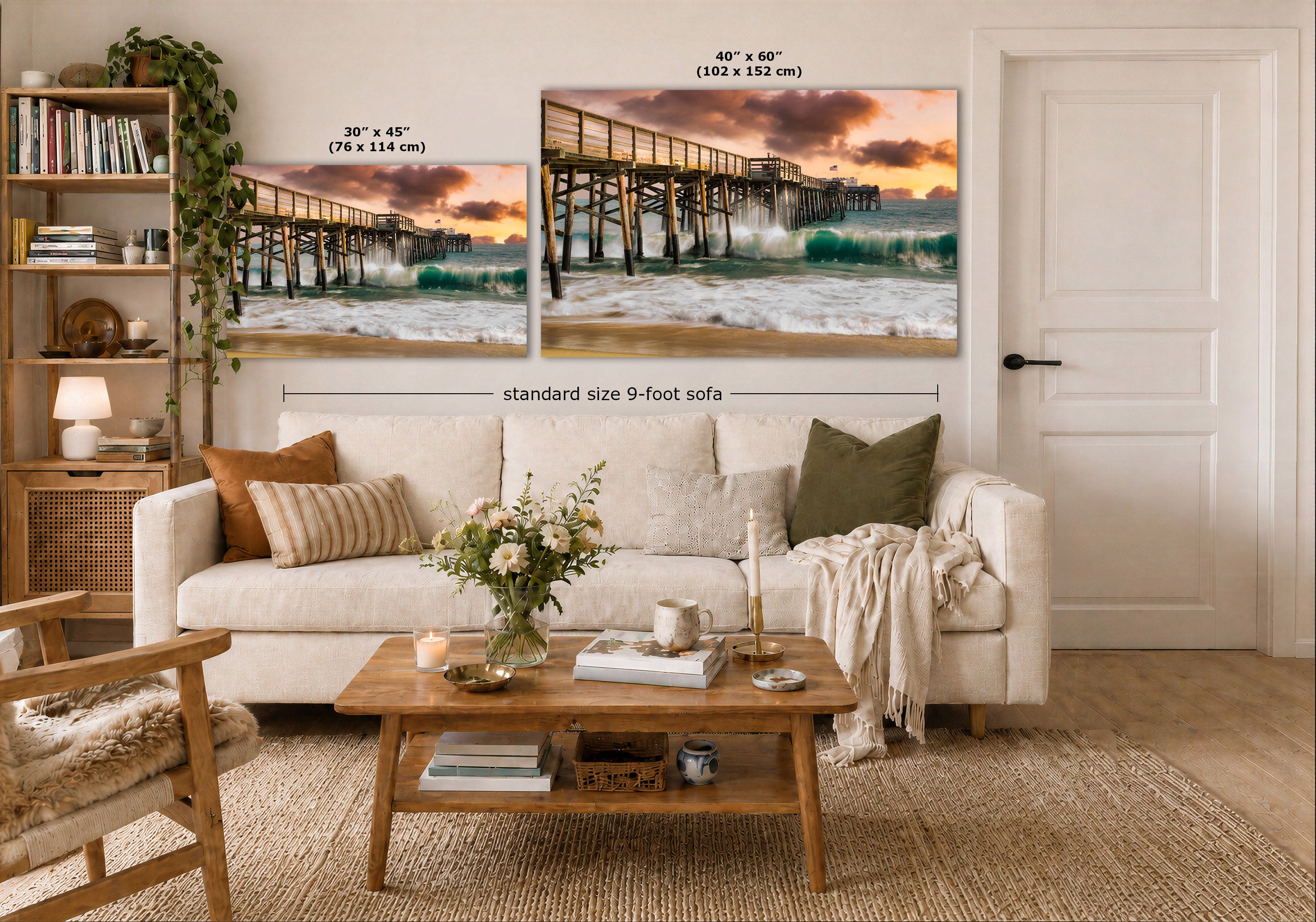 A staged living room shows two framed pier-and-ocean wall art prints above a sofa, with size callouts reading 30 x 45 inches and 48 x 60 inches plus a note for a standard size 9-foot sofa. Because a real interior environment is present, this is Lifestyle rather than Product/Packaging.