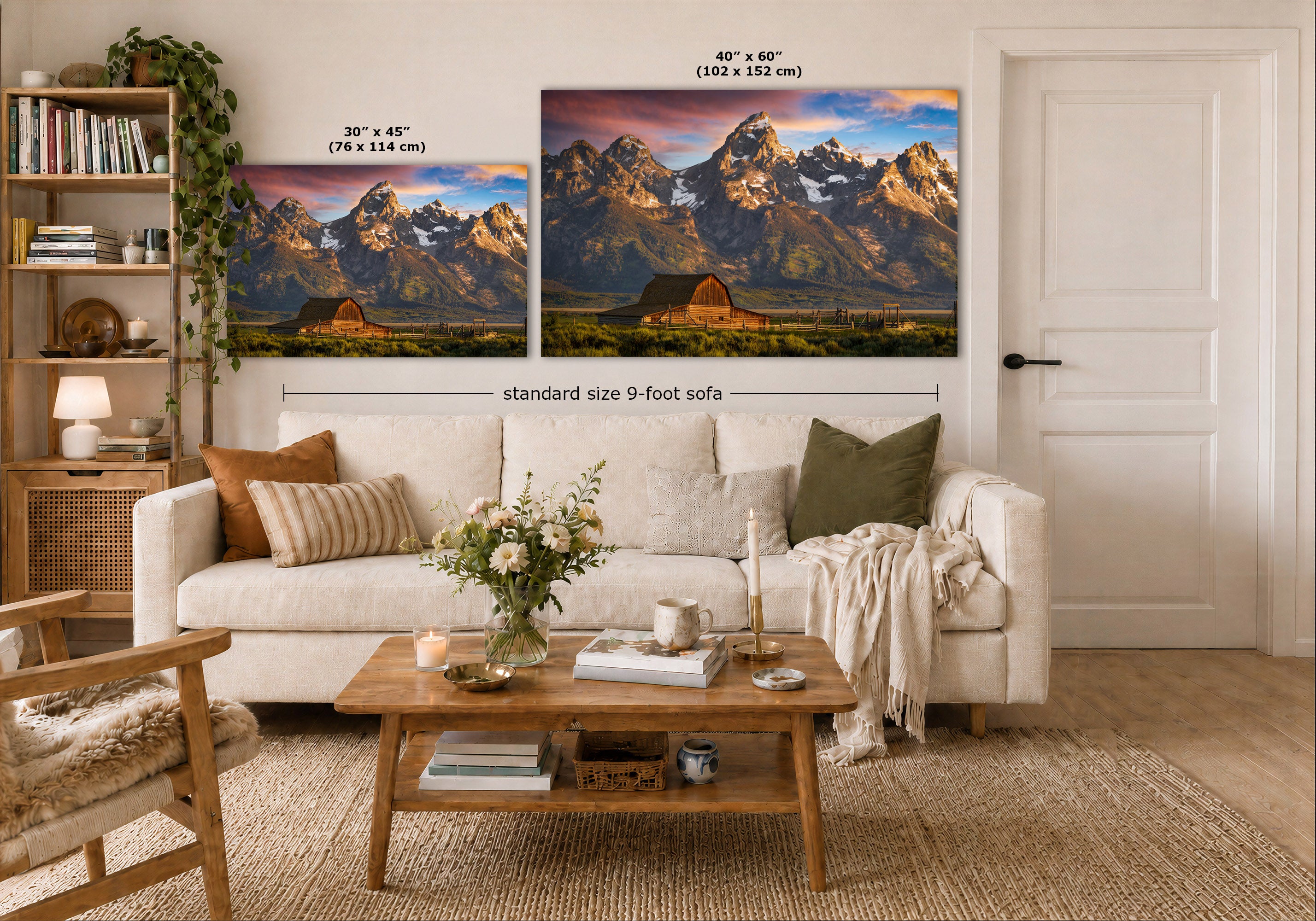 Two mountain landscape wall art prints shown above a white sofa in a styled living room. The left print is labeled 30 x 45 inches, and the larger right print is labeled 40 x 60 inches.