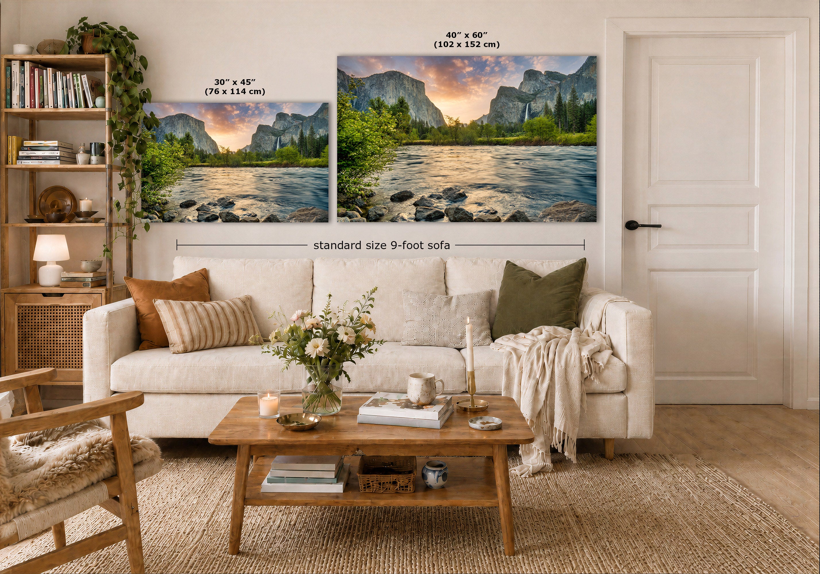 Two large framed mountain landscape wall art prints displayed above a white sofa in a styled living room. The left print is labeled 30 x 45 inches, and the right print is labeled 48 x 60 inches, with a dimension callout reading standard size 9-foot sofa.