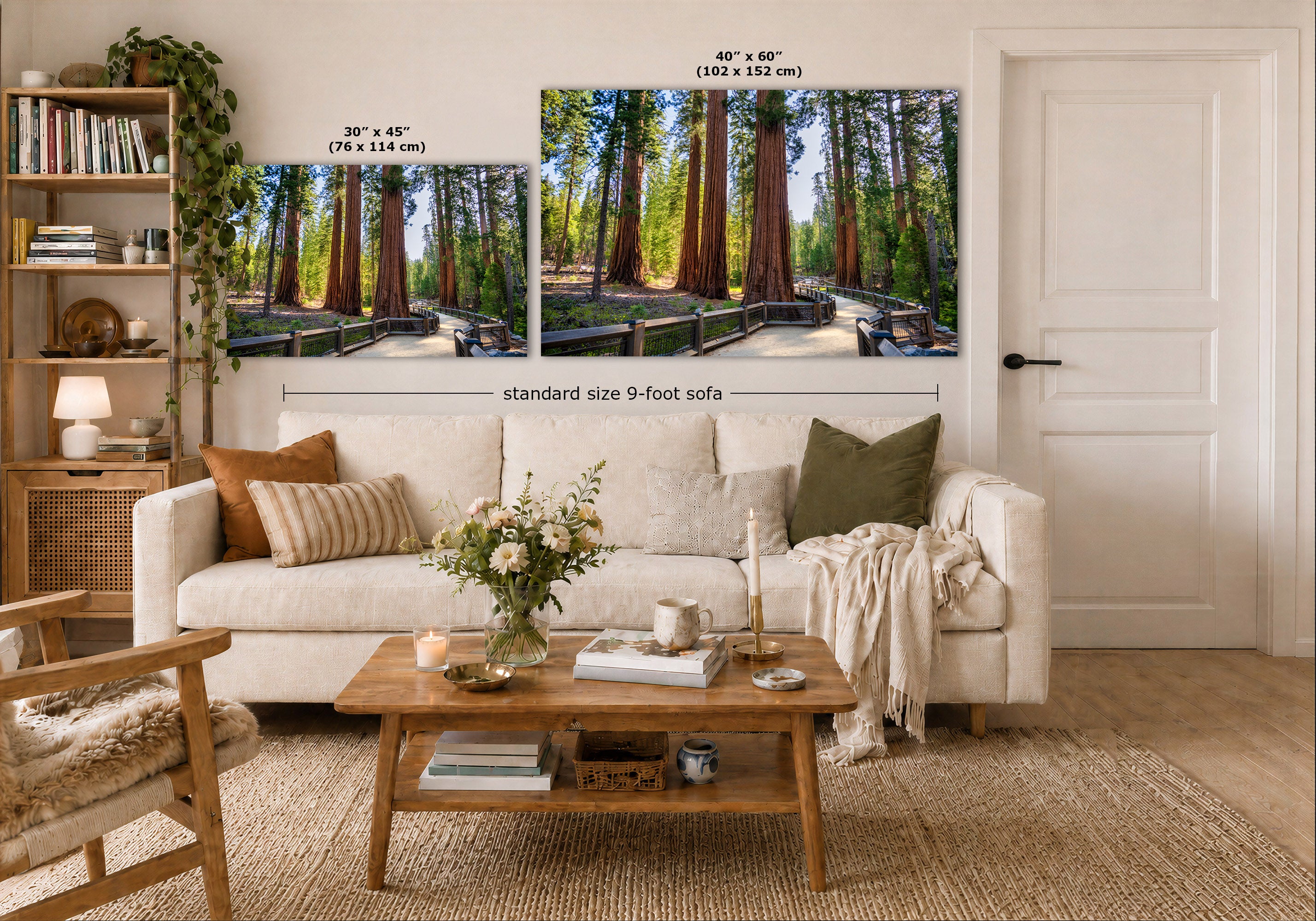 A staged living room shows a large wall art set featuring a forest path with tall redwood trees. The artwork is displayed above a white sofa, with size callouts reading 30 x 45 in, 40 x 60 in, and standard size 9-foot sofa.