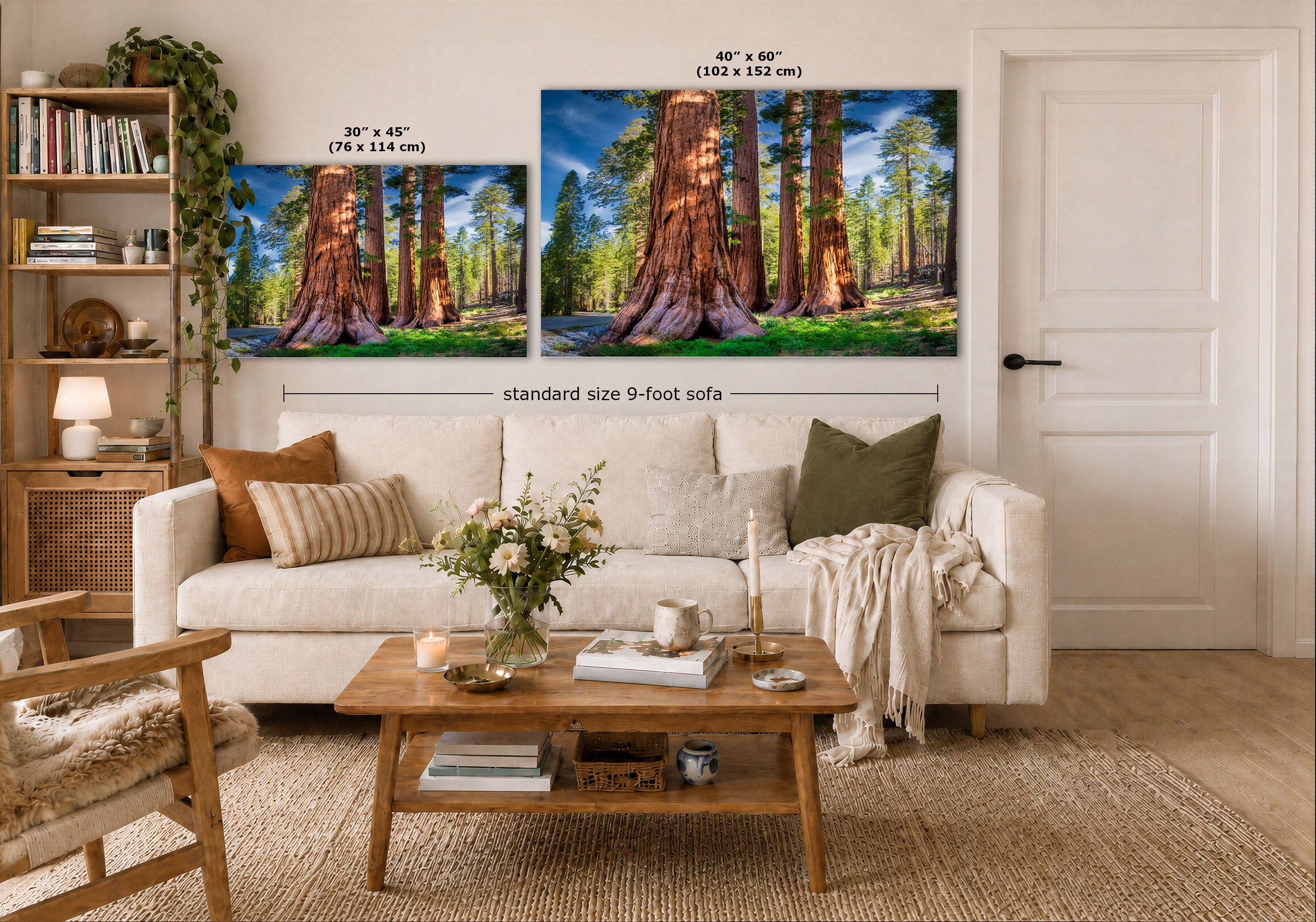 Two framed vertical wall art prints showing giant redwood trees in a forest, displayed above a white sofa in a styled living room. Text labels indicate the dimensions of the prints and a standard 9-foot sofa.