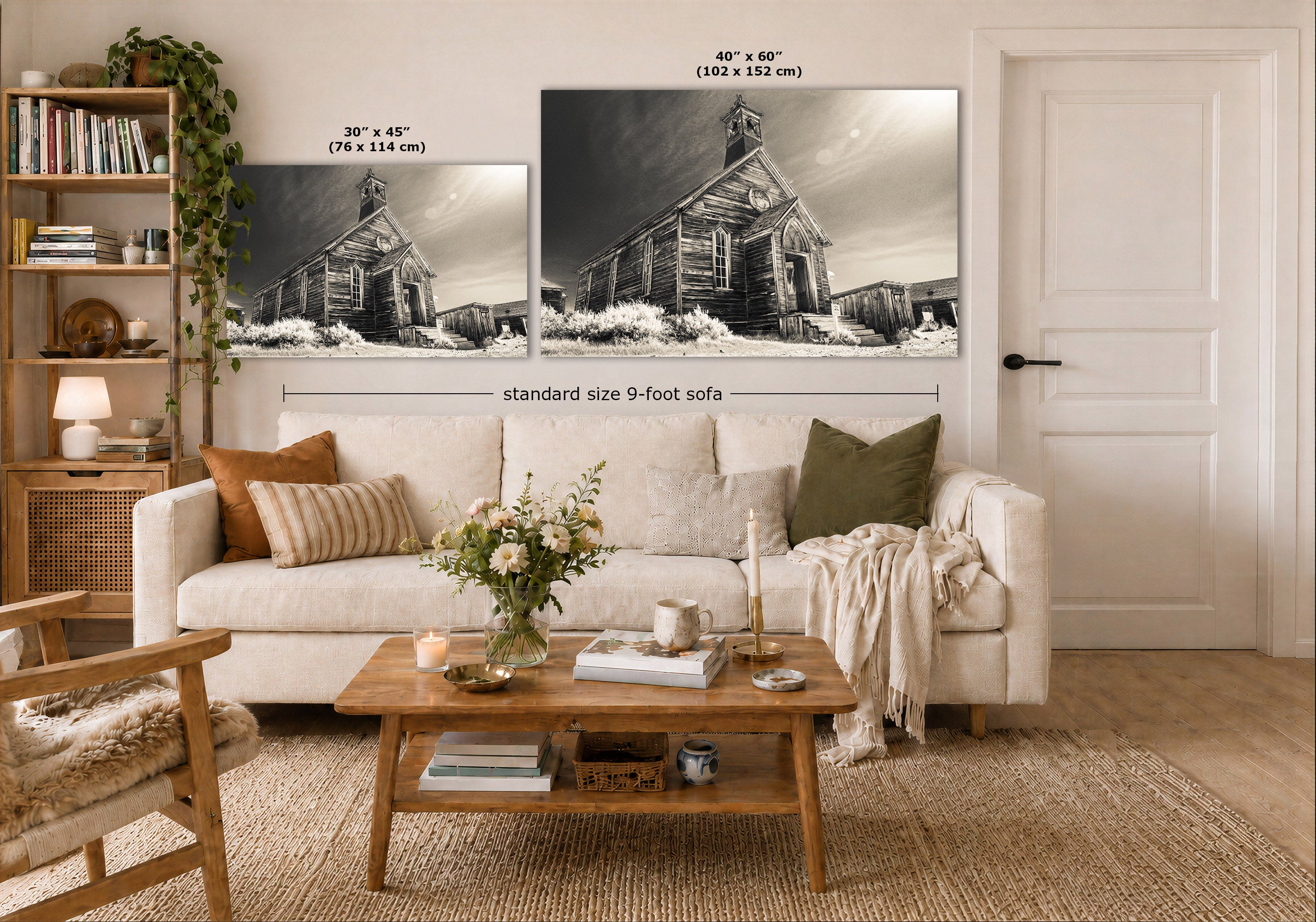 A styled living room showing two wall art prints above a white sofa, with overlaid size labels reading 30 x 45 in (76 x 114 cm) and 40 x 60 in (102 x 152 cm), plus a note for a standard size 9-foot sofa.