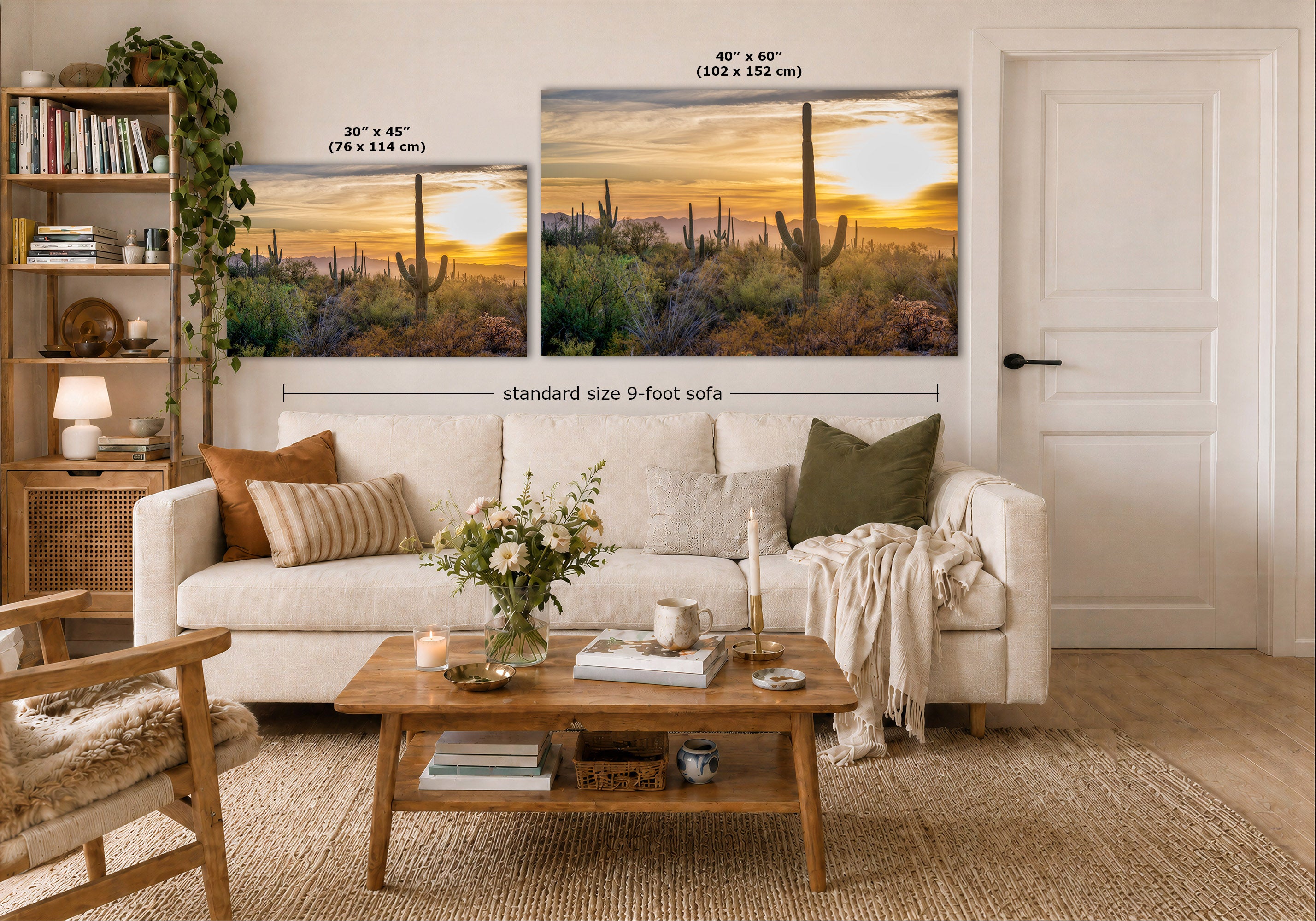 Two desert sunset canvas prints displayed above a white sofa in a styled living room. The left print is labeled 30 x 45 inches, and the larger right print is labeled 40 x 60 inches.