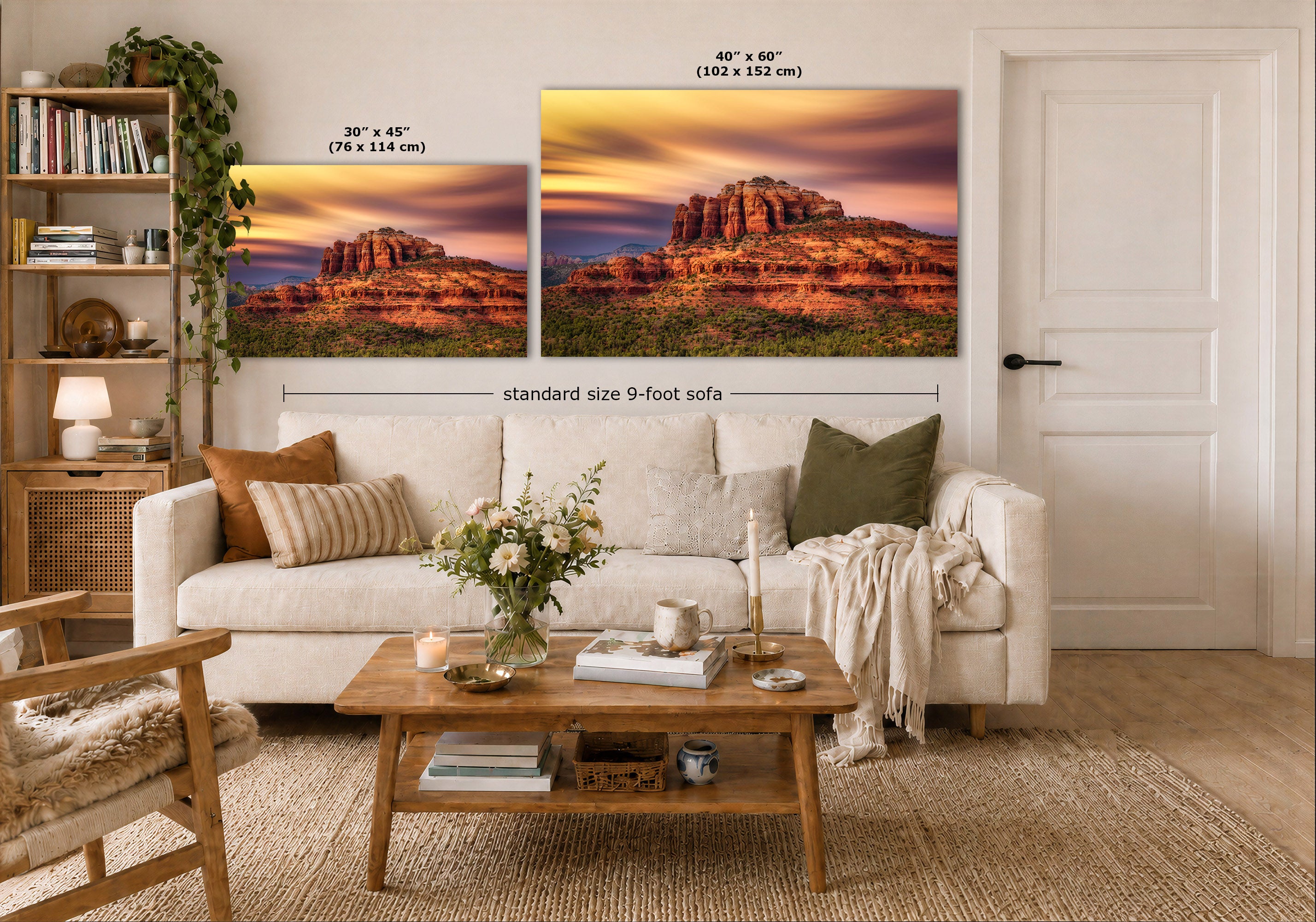 A styled living room showing two desert landscape wall art prints above a white sofa, with size callouts reading 30 x 45 inches and 40 x 60 inches plus a note for a standard size 9-foot sofa.