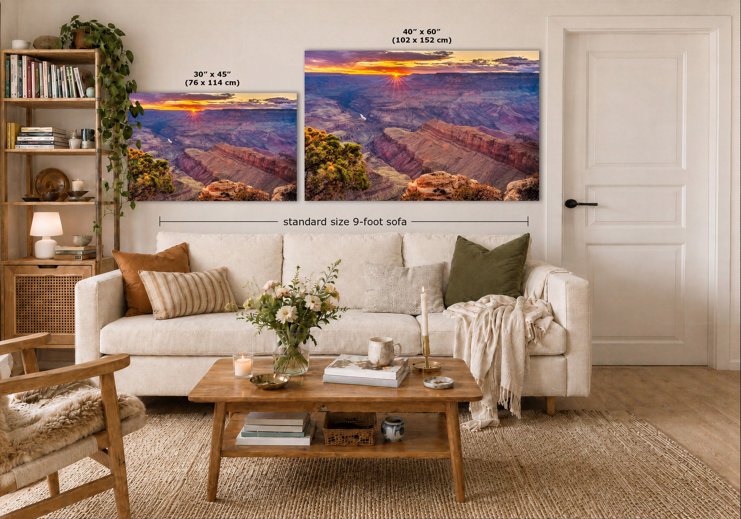 A styled living room showing two large wall art prints above a sofa, each displaying a canyon sunset landscape. The left print is labeled 30 x 45 inches, and the right print is labeled 40 x 60 inches, with a note indicating standard size 9-foot sofa spacing.