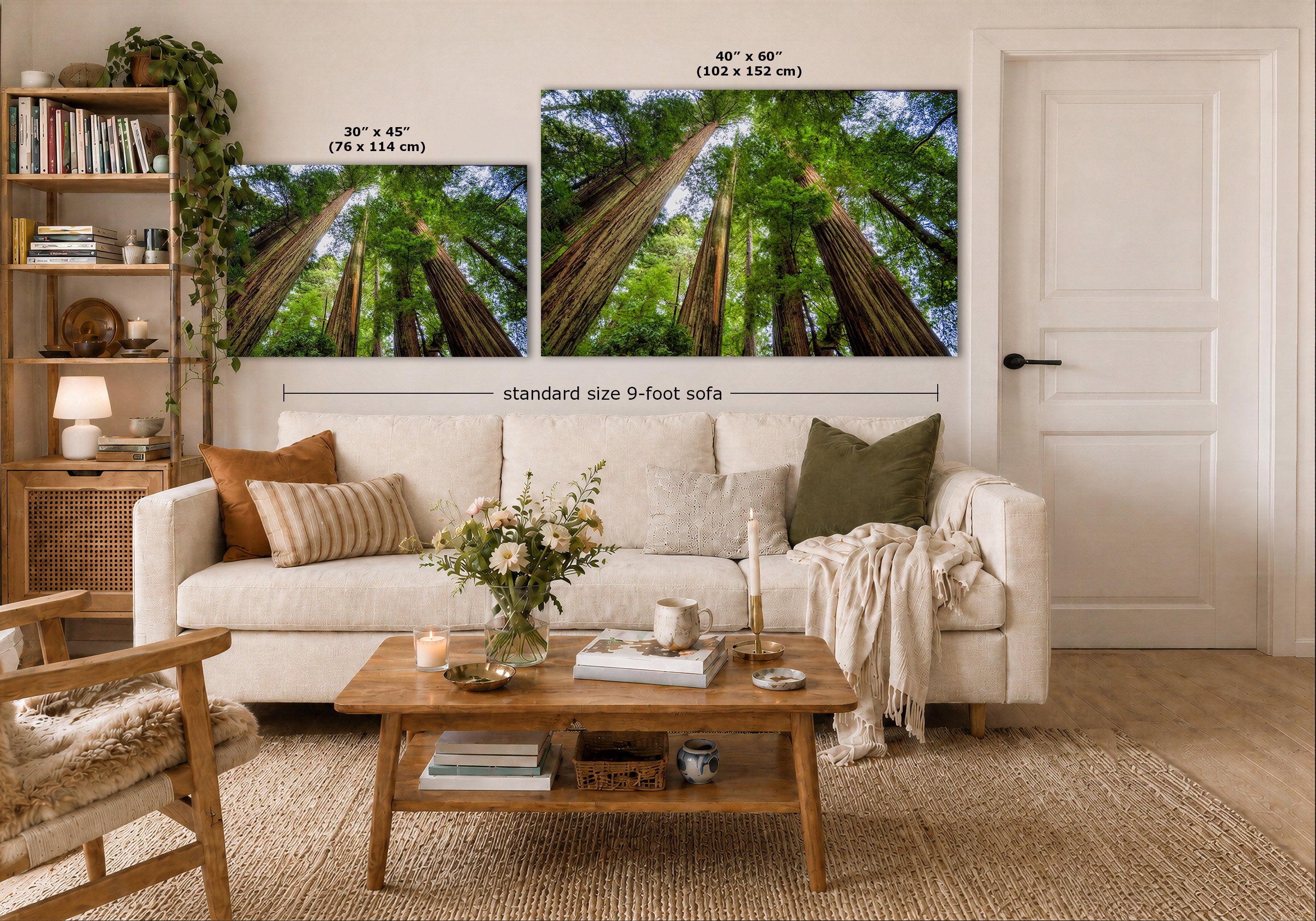 A staged living room shows two wall art prints depicting giant redwood trees above a white sofa. Black measurement lines and text indicate the dimensions of each print and a standard 9-foot sofa width.