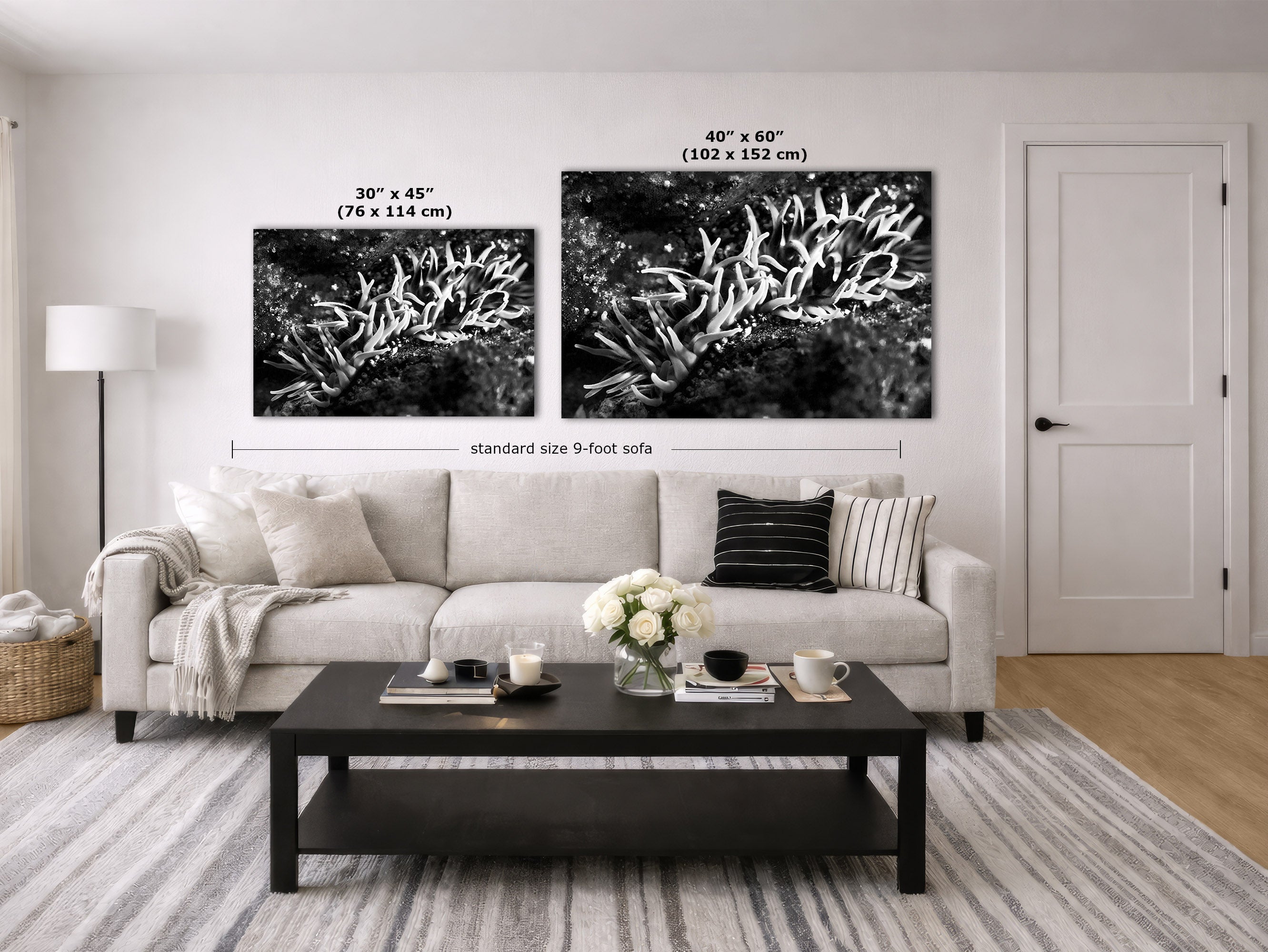 A styled living room showing two black-and-white coral wall art prints above a light sofa, with size labels overlaid: 30 x 45 inches for the smaller print and 40 x 60 inches for the larger print.
