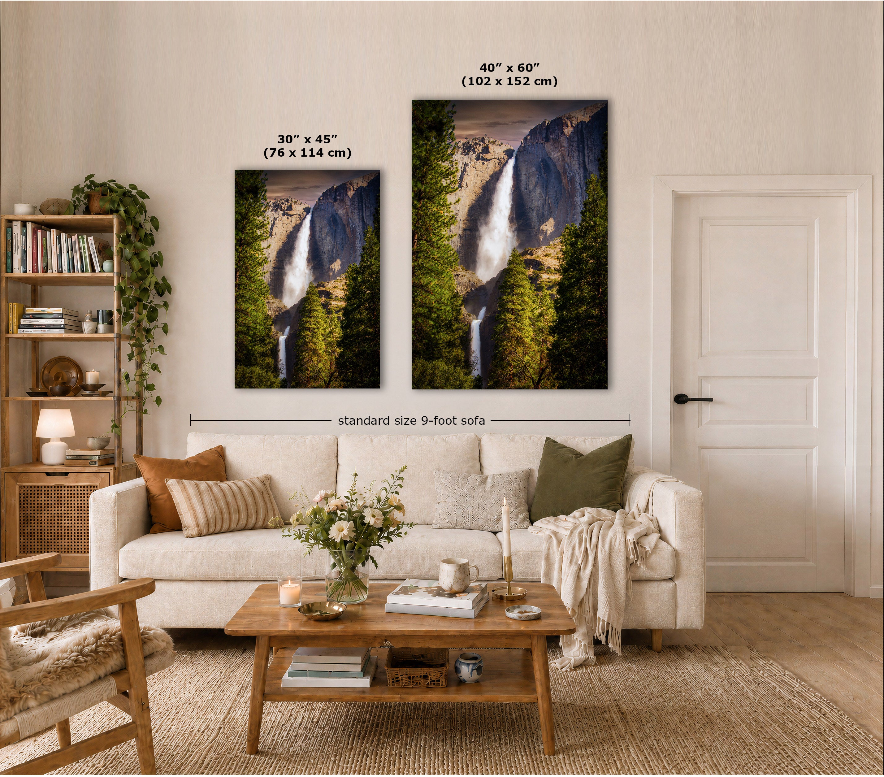 Two vertical canvas prints showing waterfall and forest landscape scenes, displayed above a white sofa in a styled living room. Text labels indicate the sizes 30 x 45 inches and 40 x 60 inches, with a dimension line noting standard size 9-foot sofa spacing.