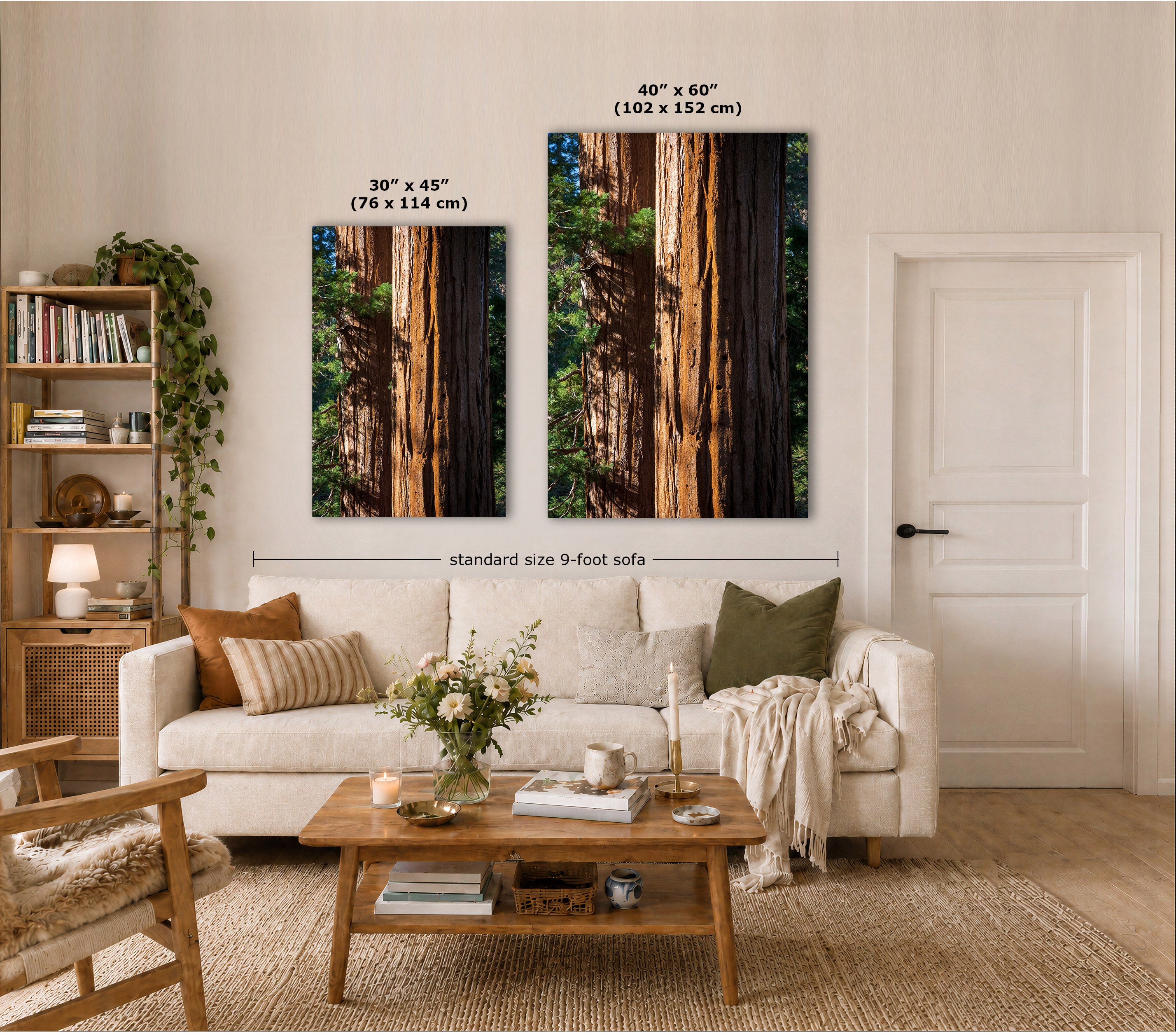 Two vertical framed wall art prints showing giant redwood trees are displayed above a white sofa in a styled living room. Black text labels indicate the sizes of each print: 30" x 45" (76 x 114 cm) for the smaller print and 48" x 60" (102 x 152 cm) for the larger print, with a dimension line reading standard size 9-foot sofa.