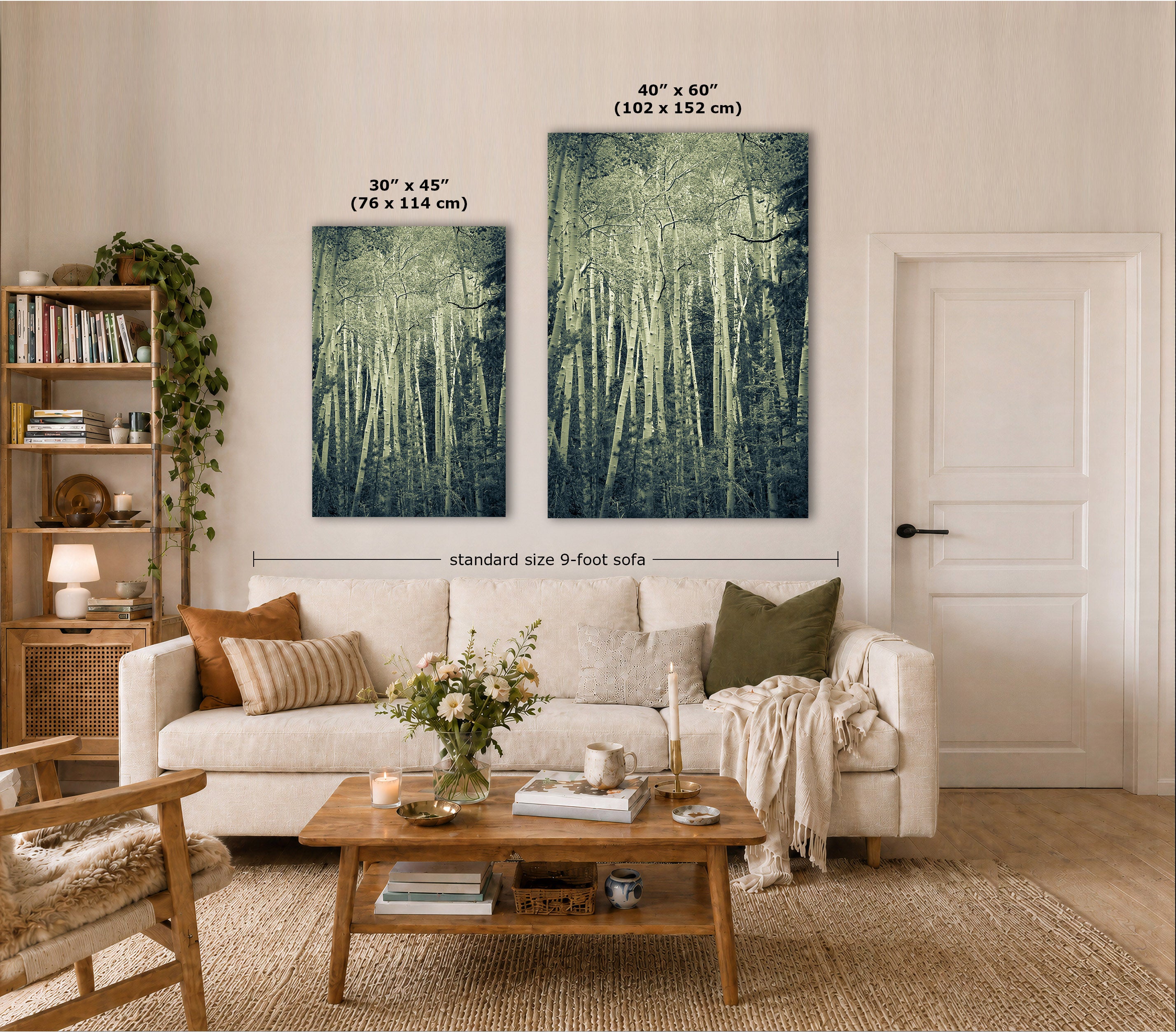 Two vertical canvas prints depicting a forest scene in blue-green tones, displayed on a beige wall in a styled living room. The image includes dimension labels for both the smaller 30" x 45" and larger 40" x 60" prints, as well as a dimension line for the sofa.