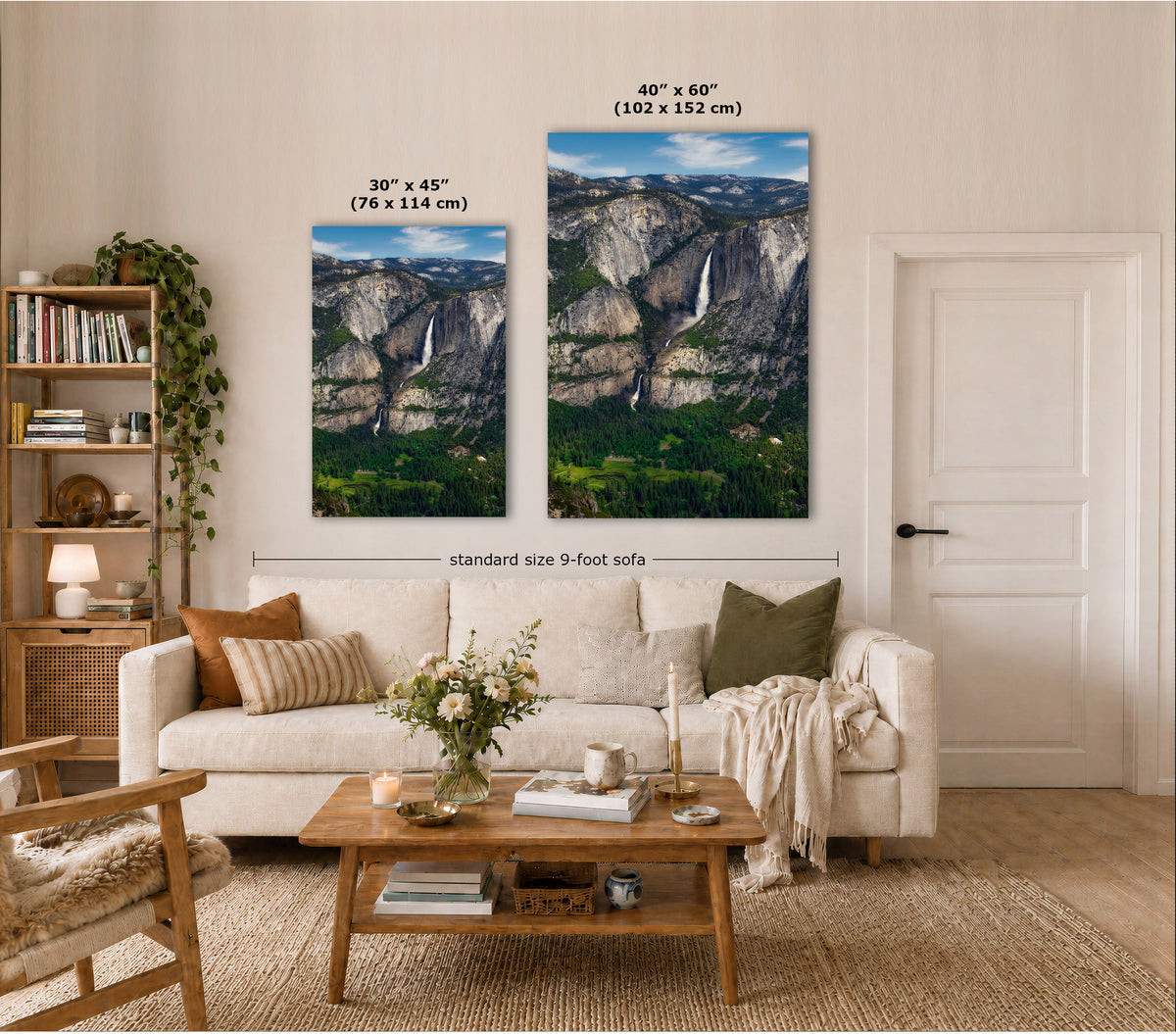Two vertical canvas prints of Yosemite Falls shown in a styled living room mockup. The left print is labeled 30" x 45" (76 x 114 cm) and the right print is labeled 40" x 60" (102 x 152 cm).