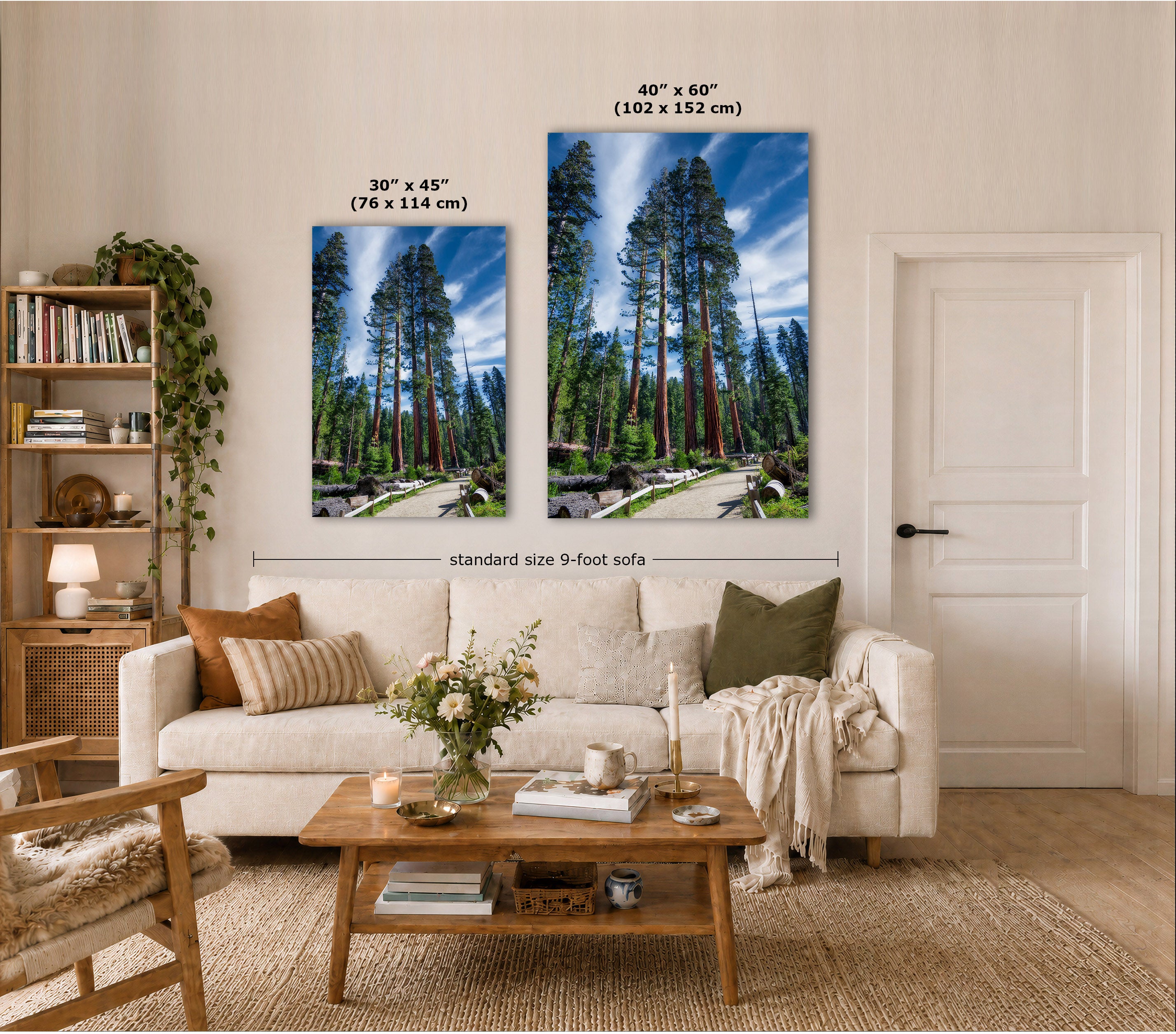 Two vertical canvas prints of a pine forest scene displayed on a beige wall in a styled living room. The left canvas is labeled 30" x 45" (76 x 114 cm) and the right canvas is labeled 48" x 60" (102 x 152 cm), with a dimension line indicating standard size 9-foot sofa width.