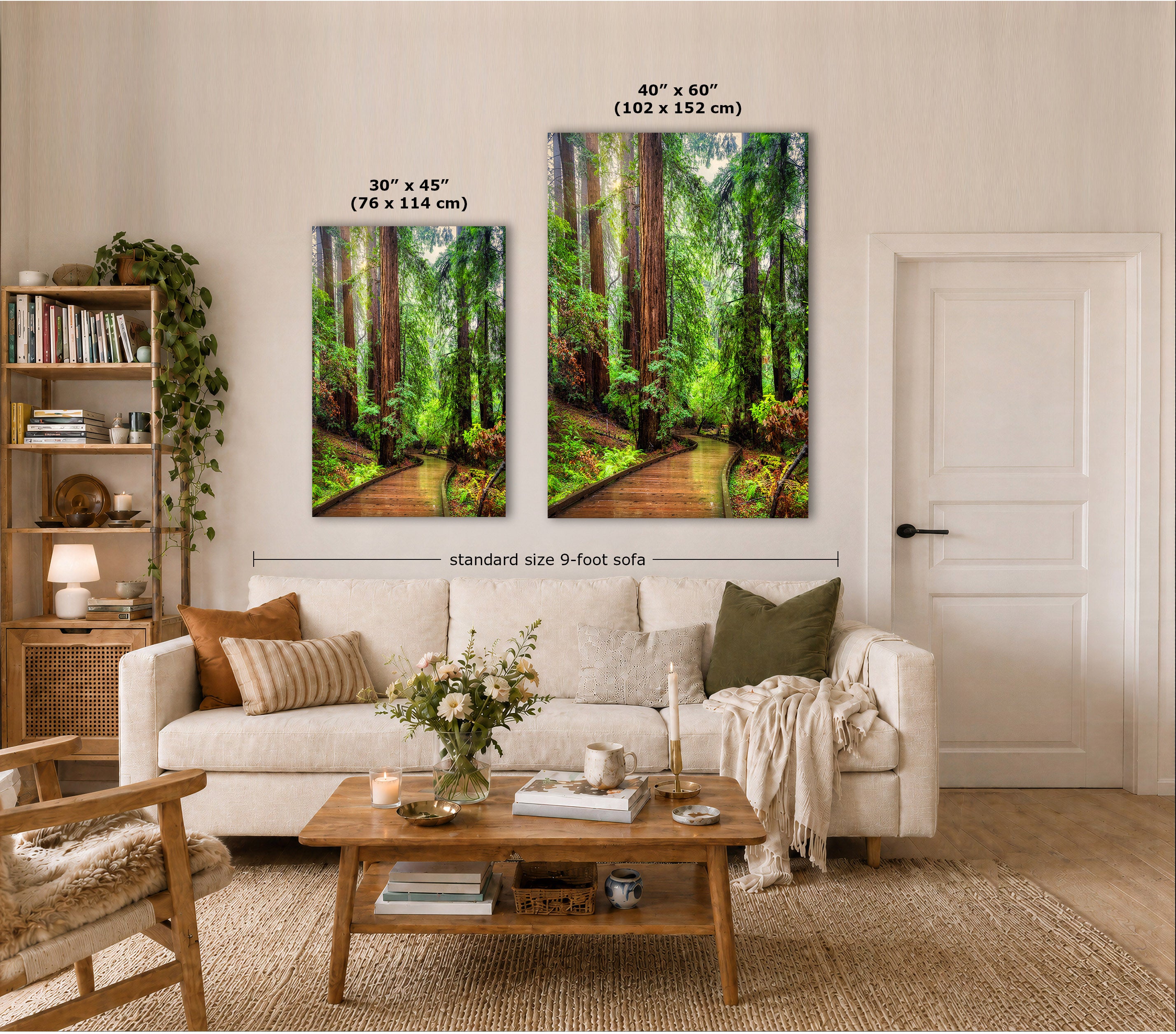 Two vertical canvas prints showing a forest path with redwood trees, displayed on a beige wall in a styled living room. Text overlays indicate the sizes: 30" x 45" (76 x 114 cm) for the smaller print, 40" x 60" (102 x 152 cm) for the larger print, and a standard size 9-foot sofa width below.