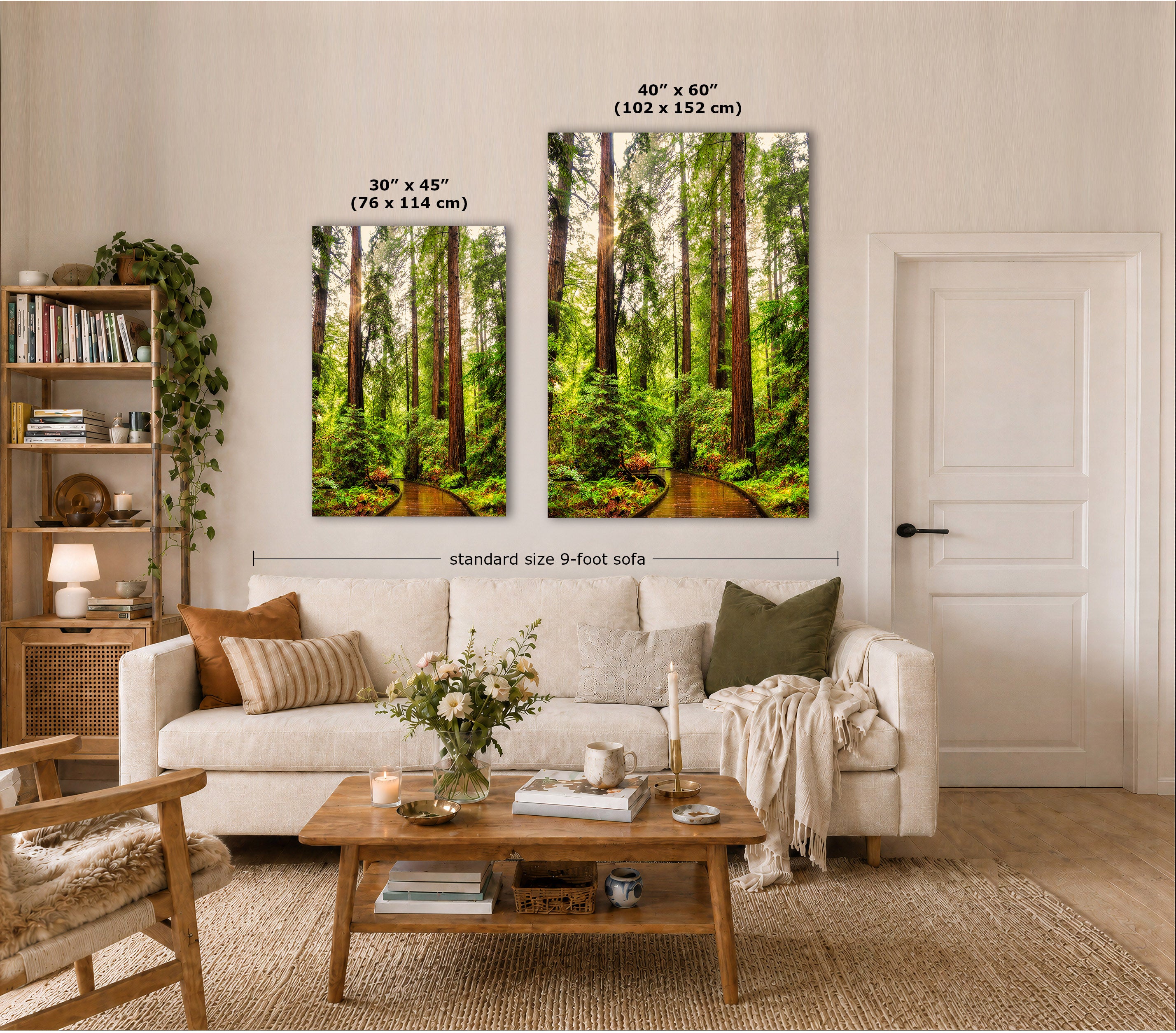 A staged living room shows two vertical forest wall art prints above a sofa, with overlaid size labels reading 30 x 45 inches and 48 x 60 inches. The room includes a cream sofa, wooden coffee table, shelving, and a white door.