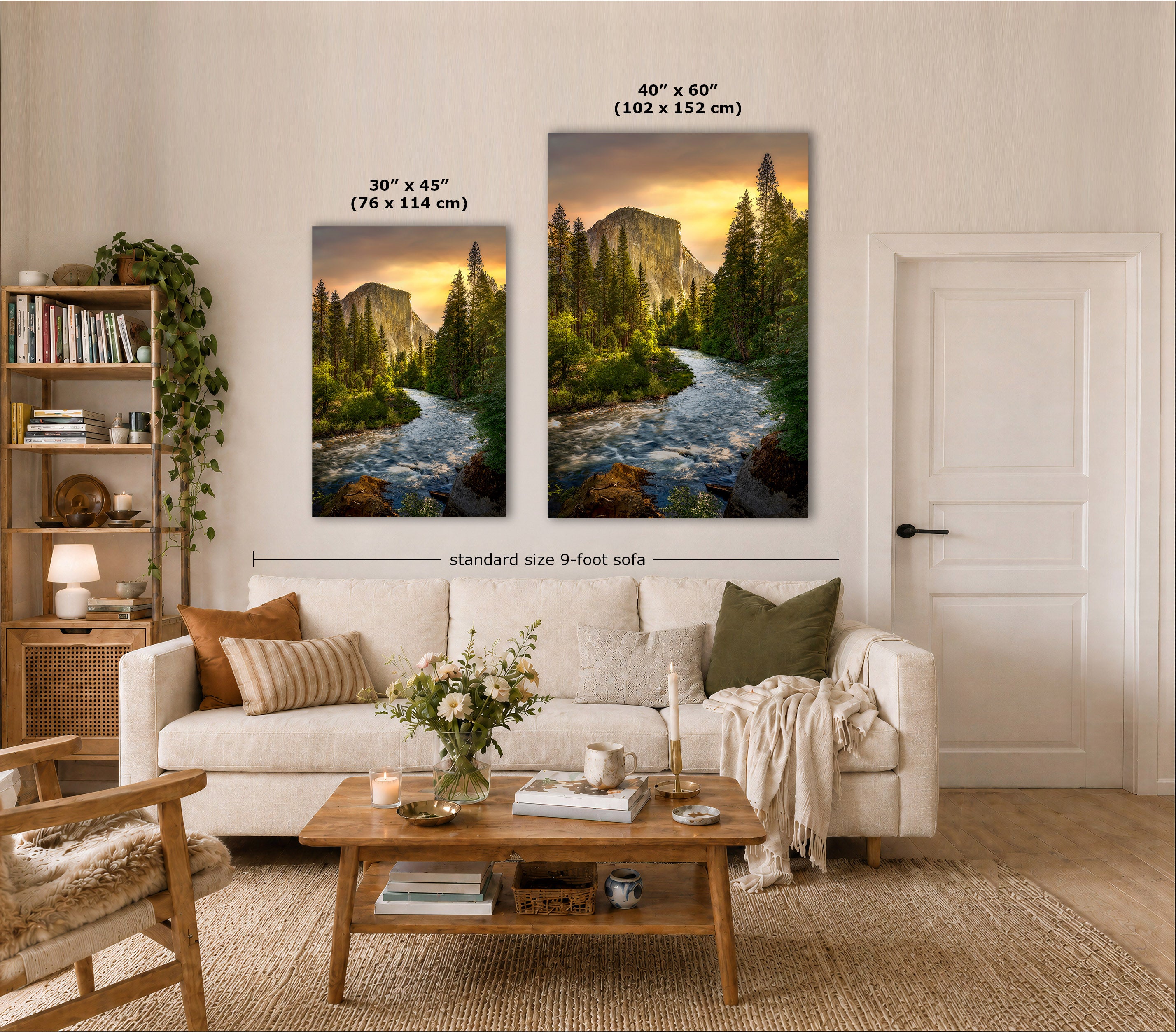 Two vertical canvas prints showing mountain river landscapes are displayed above a white sofa in a styled living room. White text overlays indicate the sizes of both prints: 30" x 45" on the left and 40" x 60" on the right, with a dimension line across the two prints reading 'standard size 9-foot sofa'.