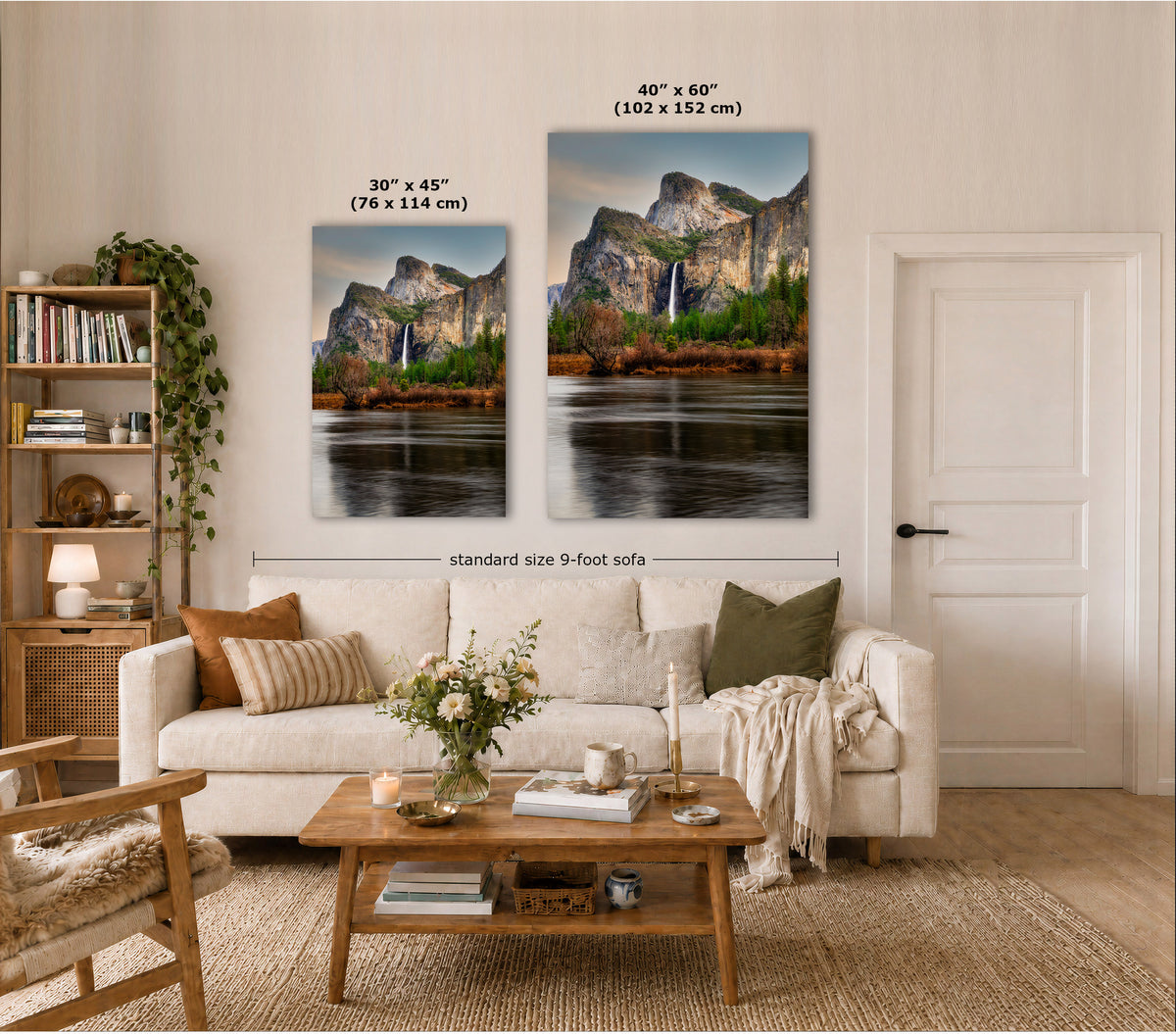 Two vertical canvas prints showing a mountain river landscape with waterfalls, displayed above a cream sofa in a styled living room. White dimension lines and text indicate the sizes 30 x 45 inches and 40 x 60 inches, with a note for a standard 9-foot sofa.