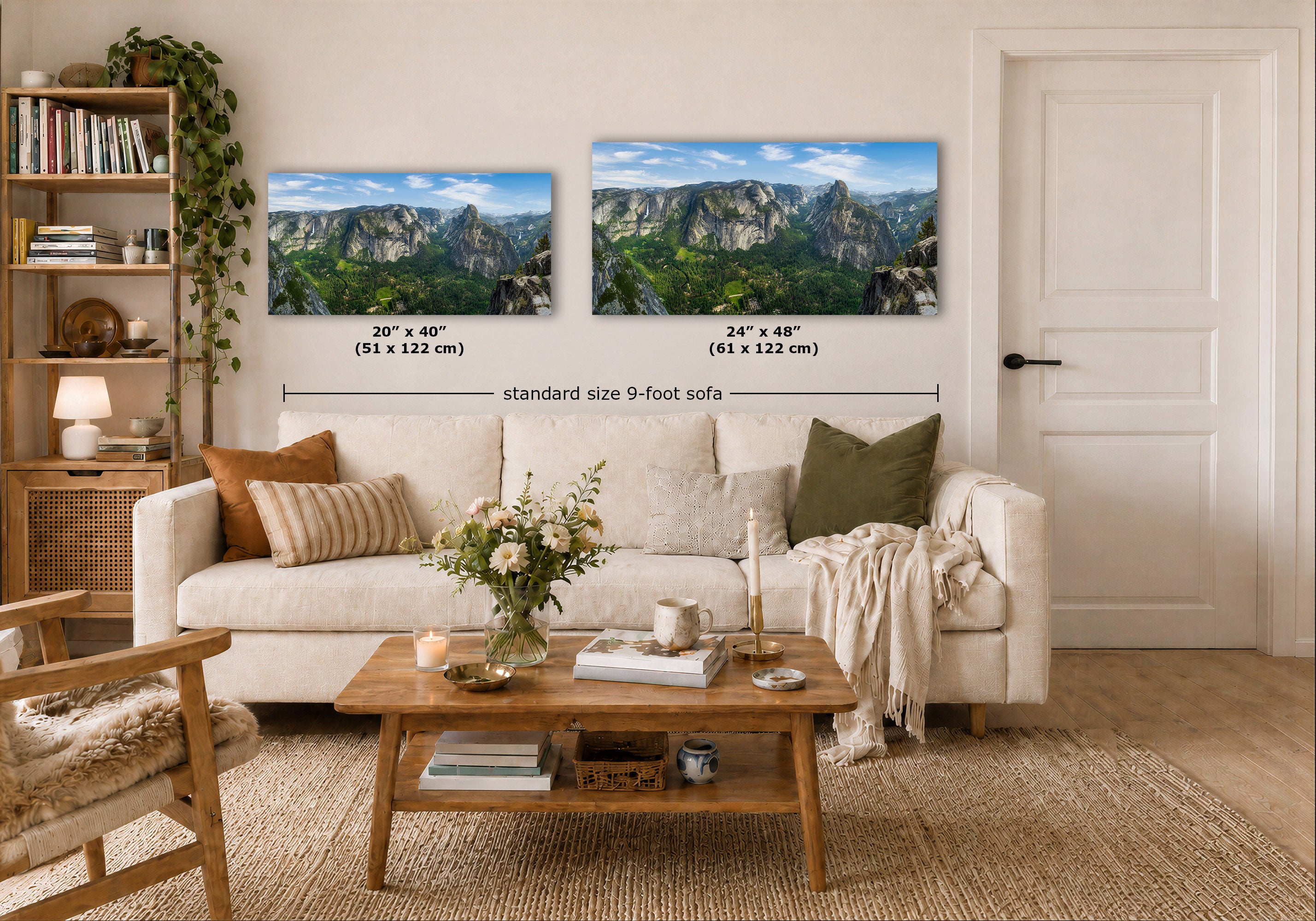 Two mountain landscape wall art prints displayed above a white sofa in a bright living room. Black dimension lines and text indicate the prints are 20 x 40 inches and 24 x 48 inches, with a note reading 'standard size 9-foot sofa'.